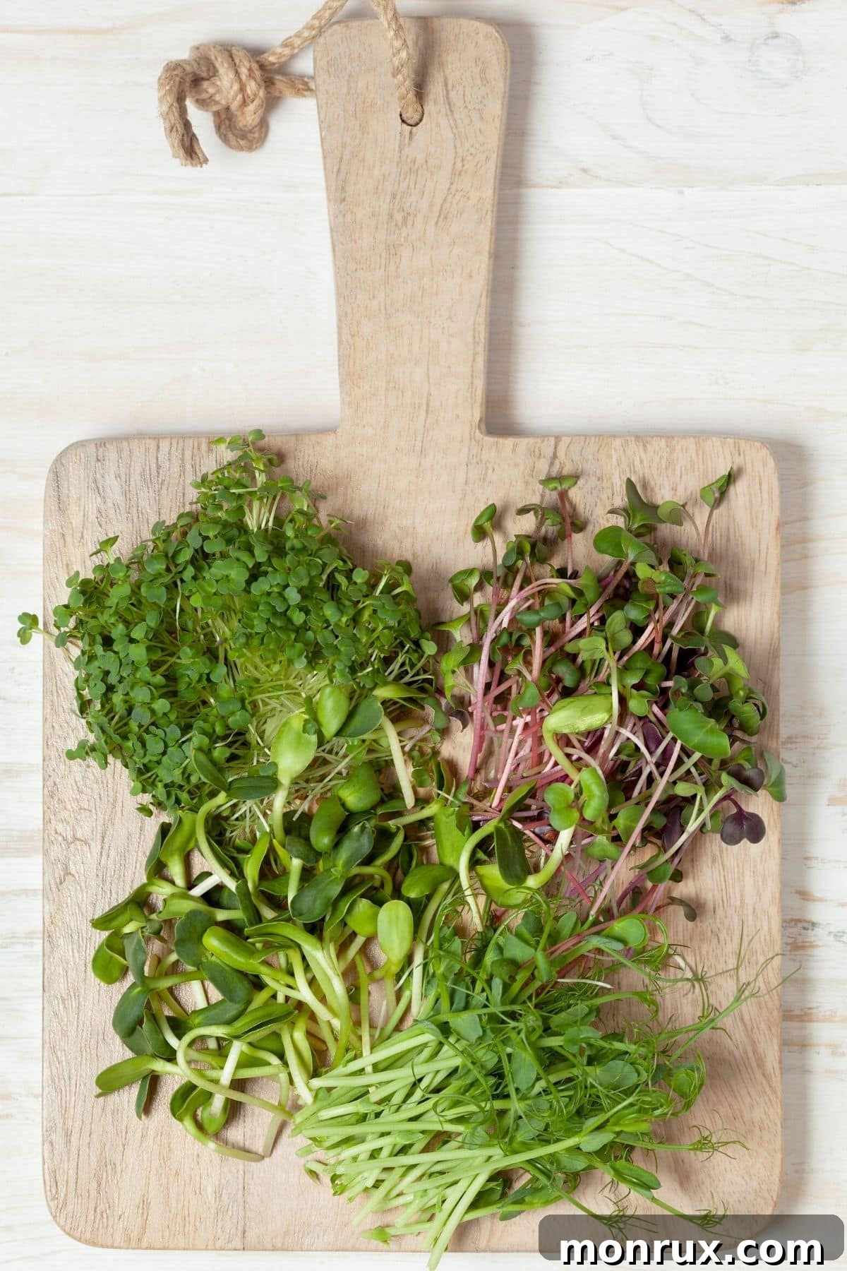 A vibrant variety of sprouts and microgreens artfully arranged on a wooden cutting board, showcasing their diverse colors and textures.