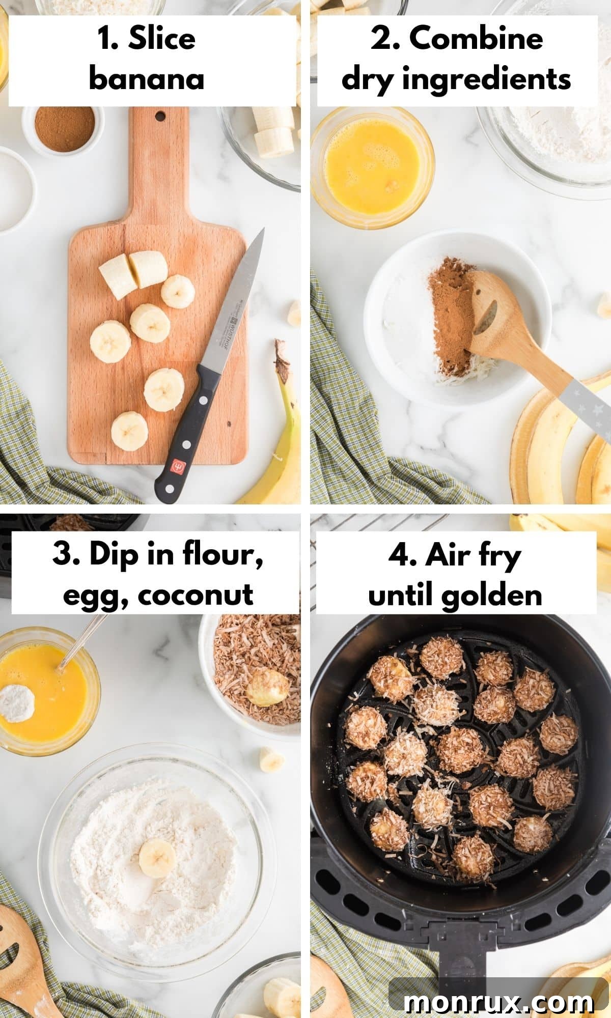 A detailed process collage illustrating the creation of delectable banana fritters specifically designed for air frying, from preparation to coating.