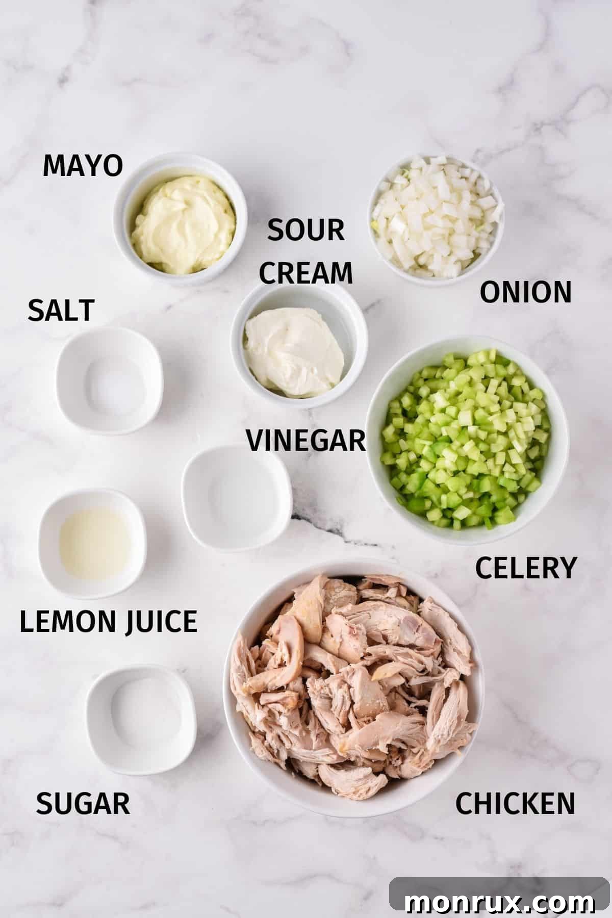 A curated selection of fresh ingredients neatly arranged in small bowls on a clean white surface, showcasing all the components needed to make the perfect chicken salad.