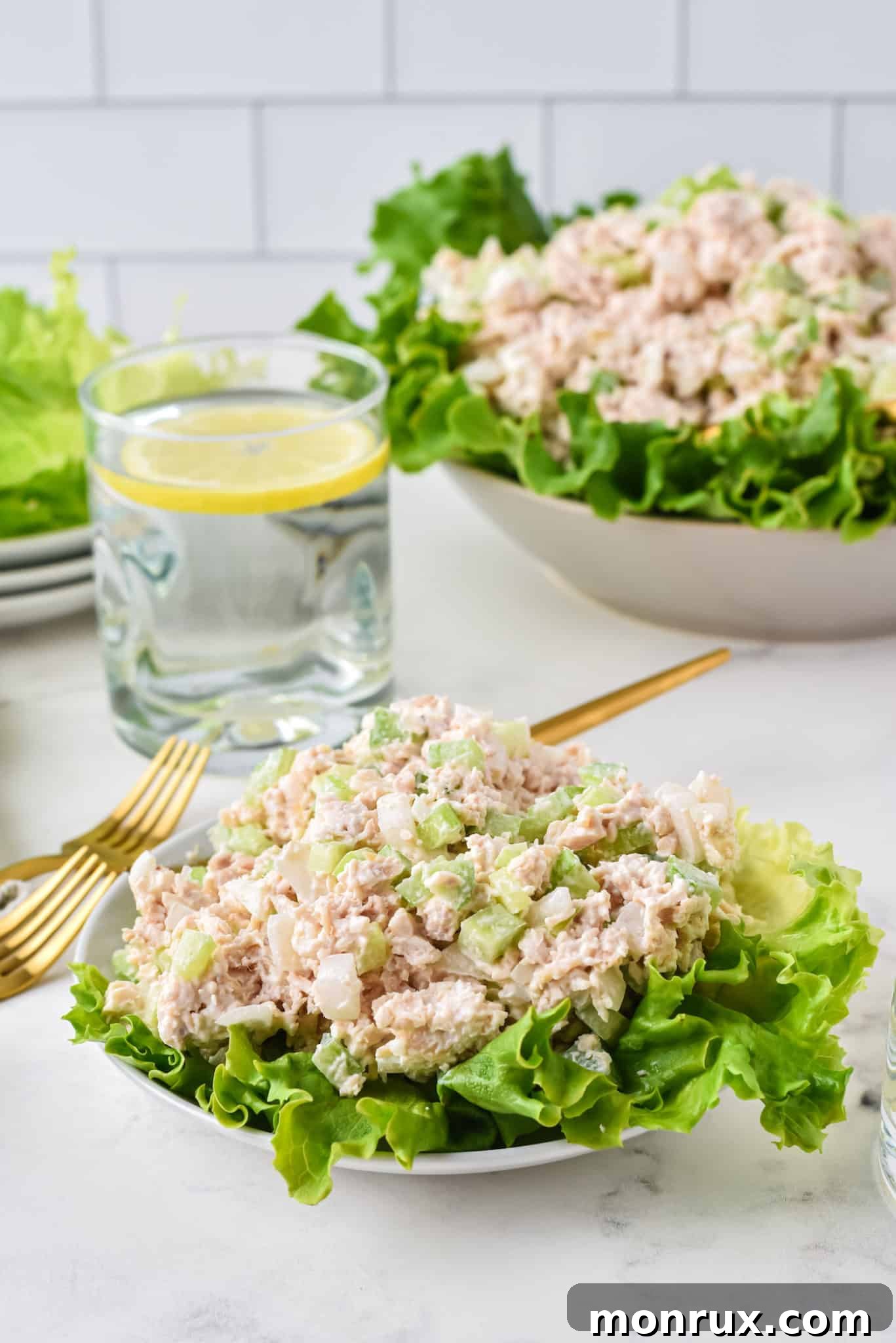 Two neatly presented bowls of homemade Costco chicken salad, served with fresh lemon slices and glasses of water, creating an inviting and refreshing meal scene.