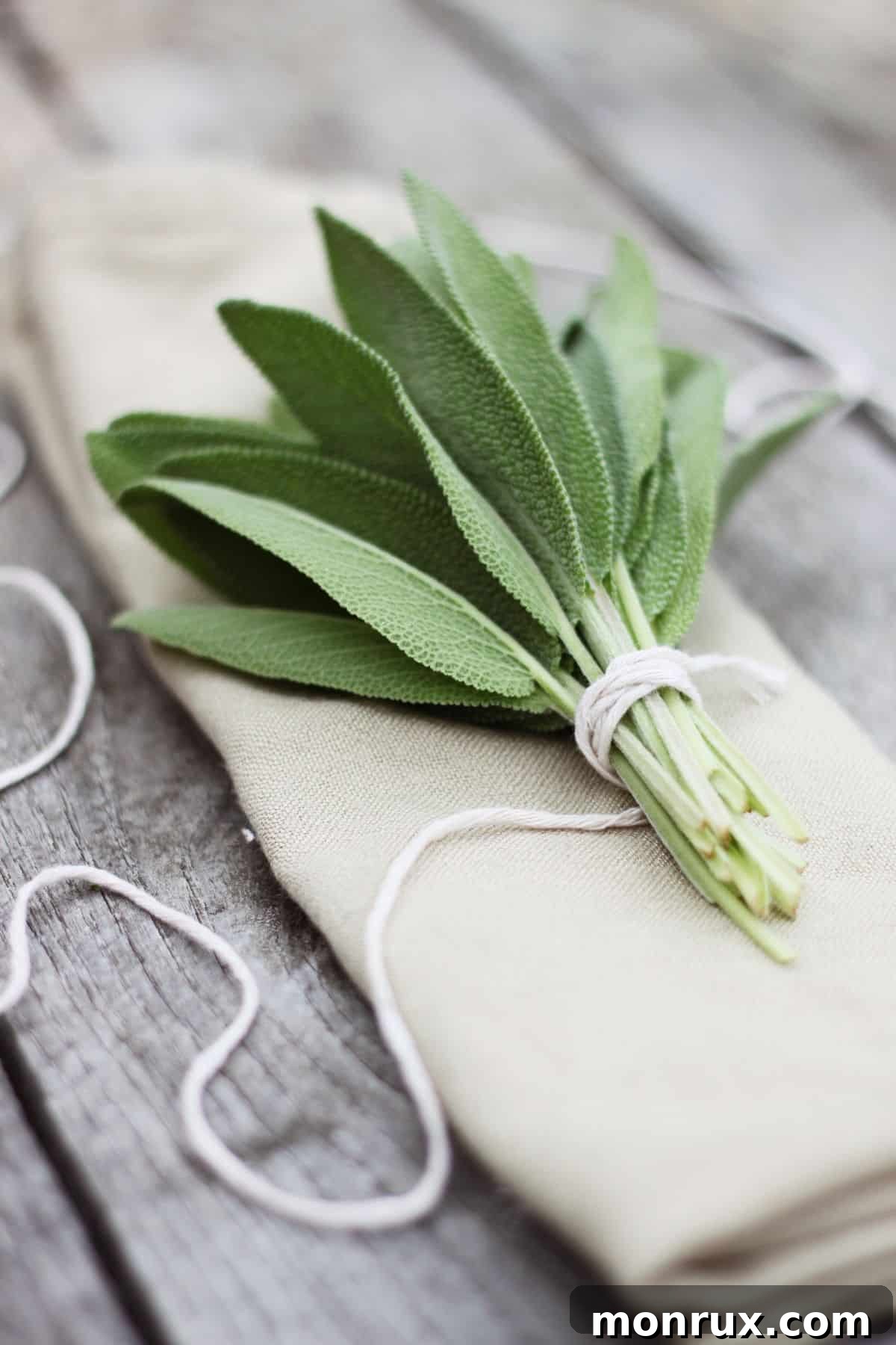 A sprig of fresh sage leaves on a napkin.