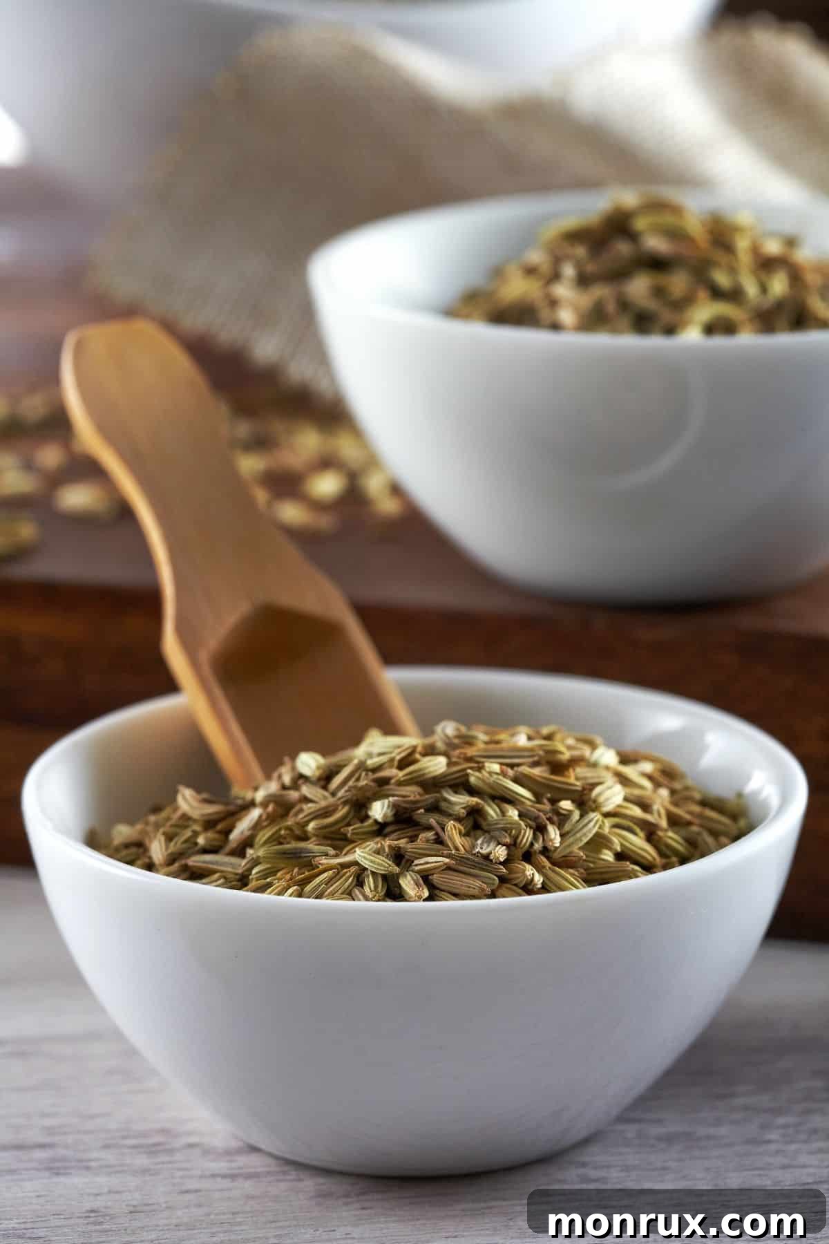 A bowl of dried fennel seeds and a wooden spoon.