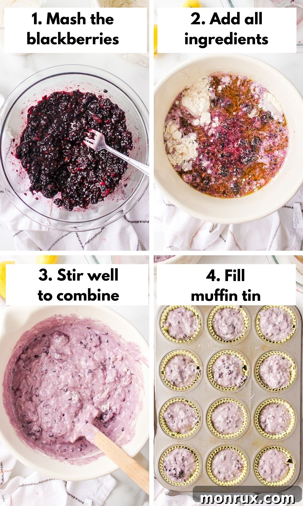 Process collage of mixing up a batch of vegan blackberry muffins.