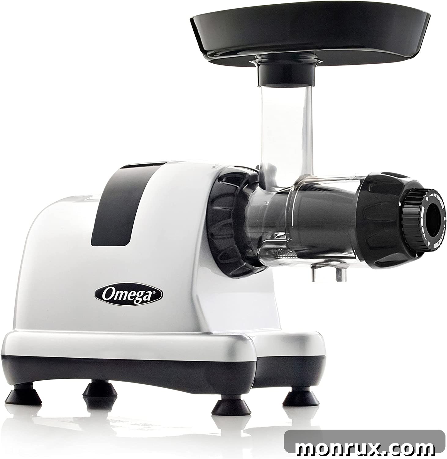 An Omega masticating juicer, showcasing its robust build and powerful appearance.
