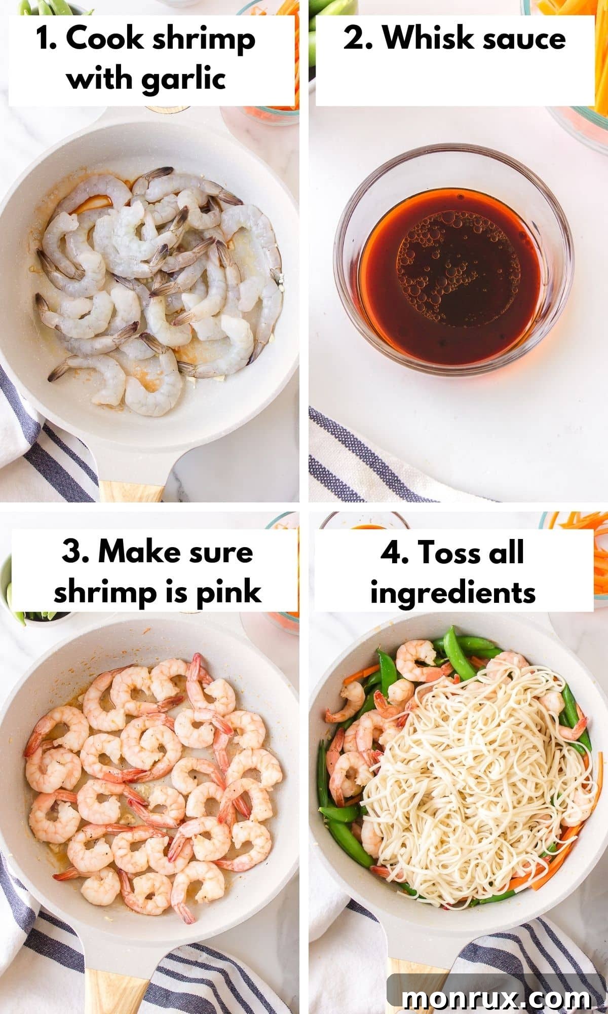 A four-panel collage showing the cooking process for Shrimp Udon: cooking noodles, stir-frying shrimp, sautéing vegetables, and combining all ingredients with sauce.