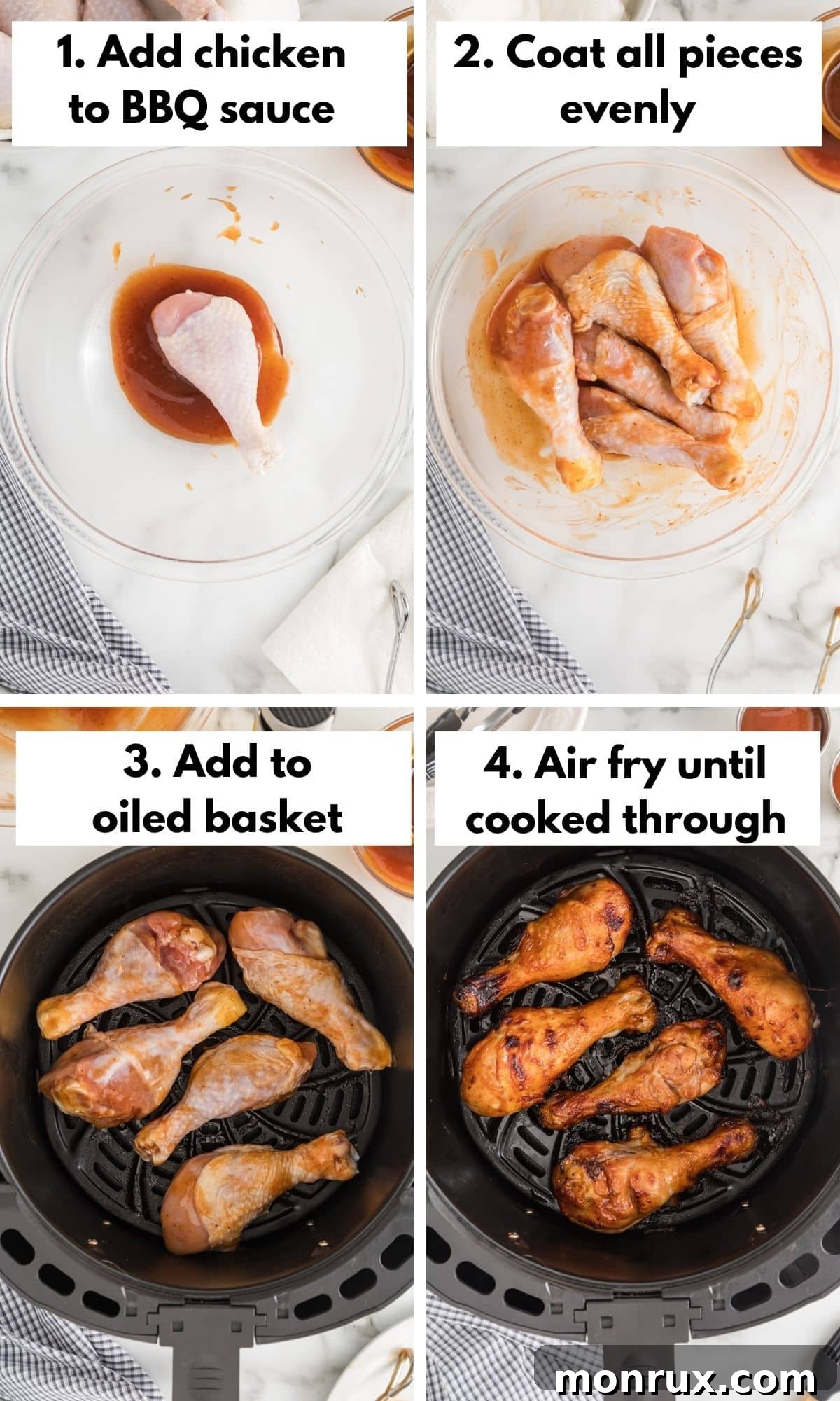 Process collage of coating drumsticks in BBQ sauce and placing them in an air fryer basket.