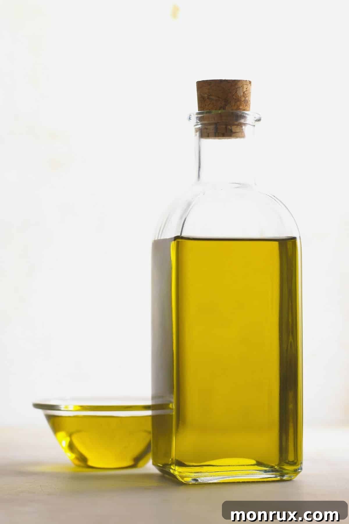 Jar of olive oil on the counter.