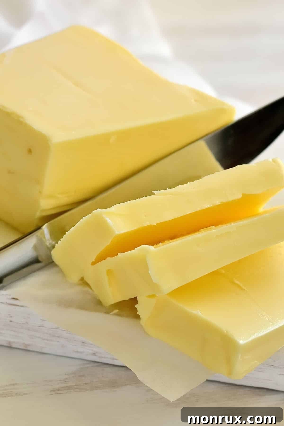 Stick of butter being sliced by a knife on a cutting board.