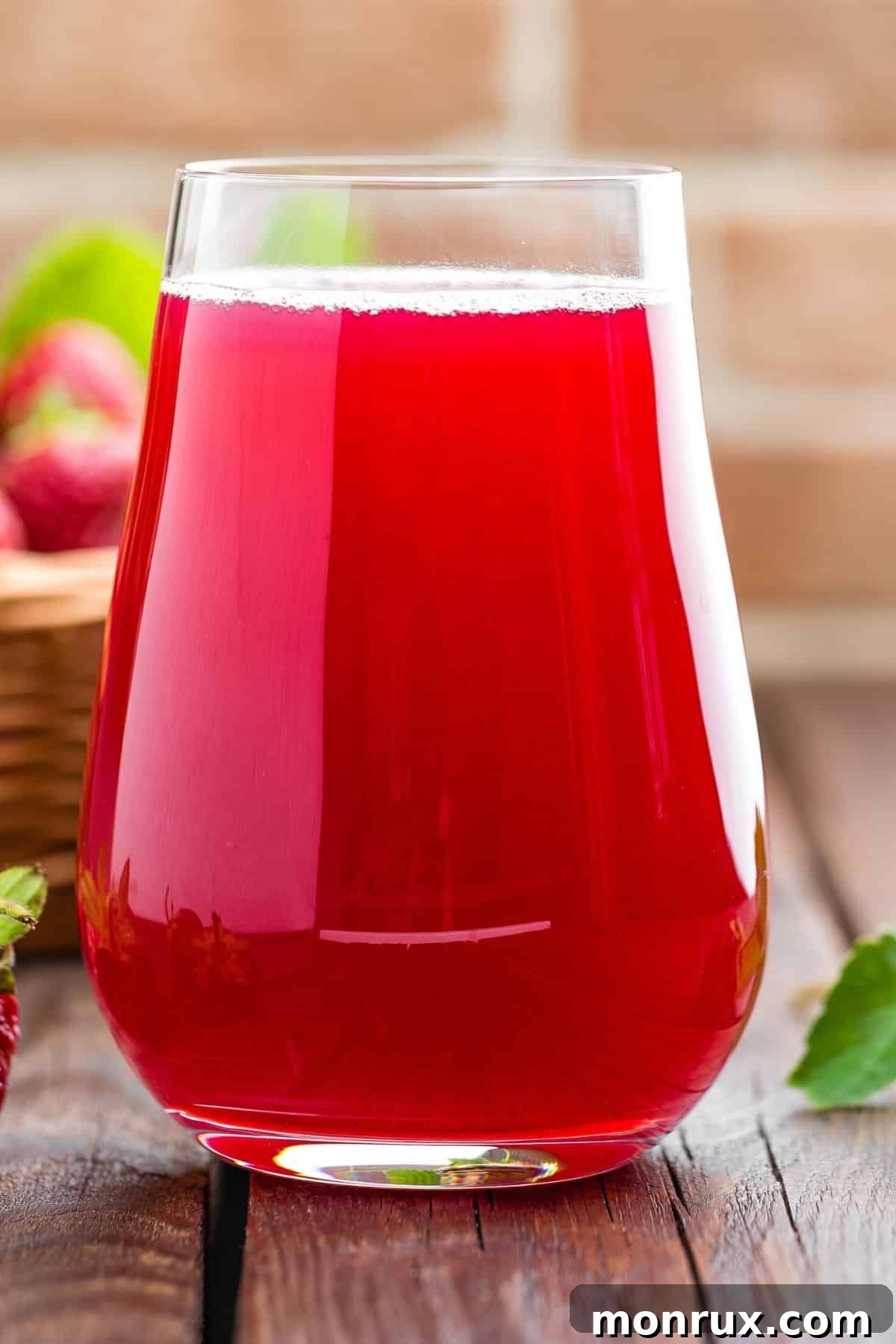 A glass of freshly made strawberry juice, garnished with a whole strawberry, sits invitingly on a wooden tabletop with a bright, natural background.