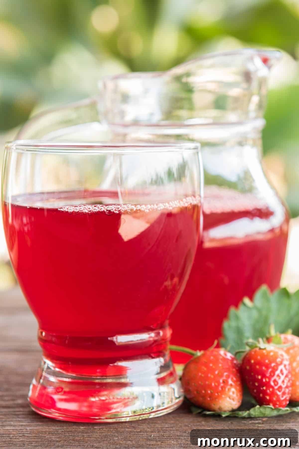 A pitcher and a glass filled with vibrant strawberry juice are placed on an outdoor table, inviting a refreshing sip.