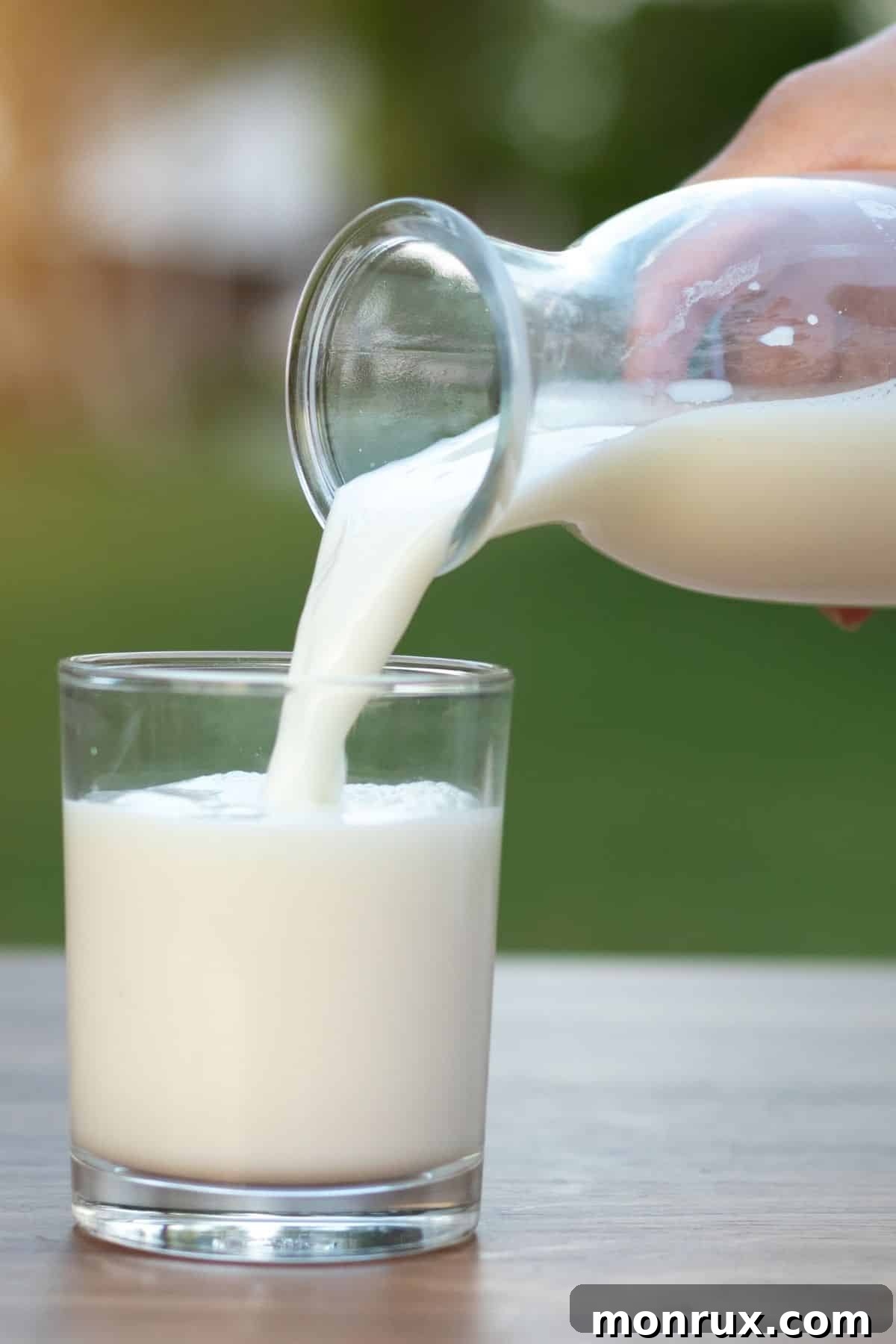 Raw milk being poured from a glass jar into a drinking glass.