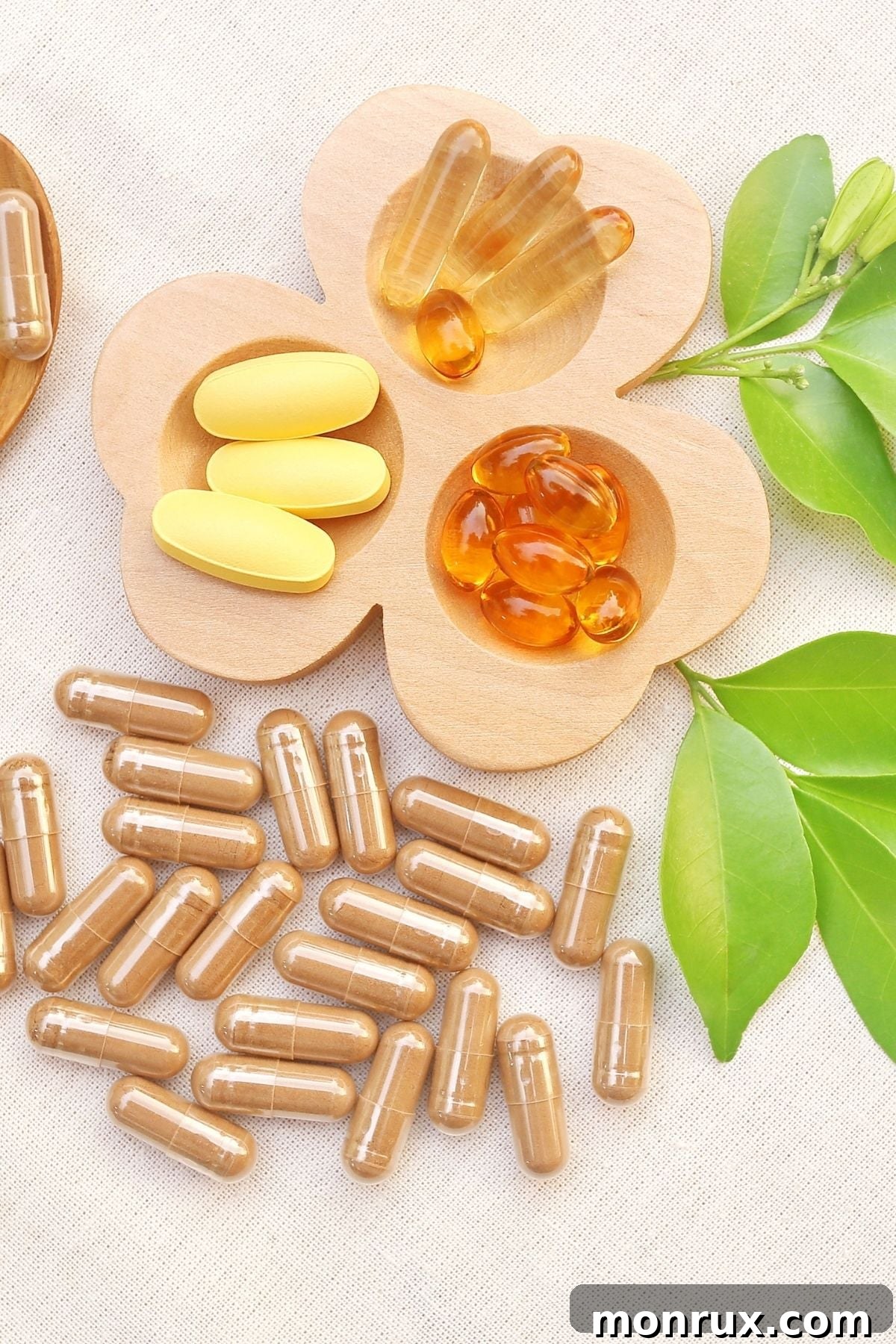 Various probiotic supplements displayed on a rustic wood board.