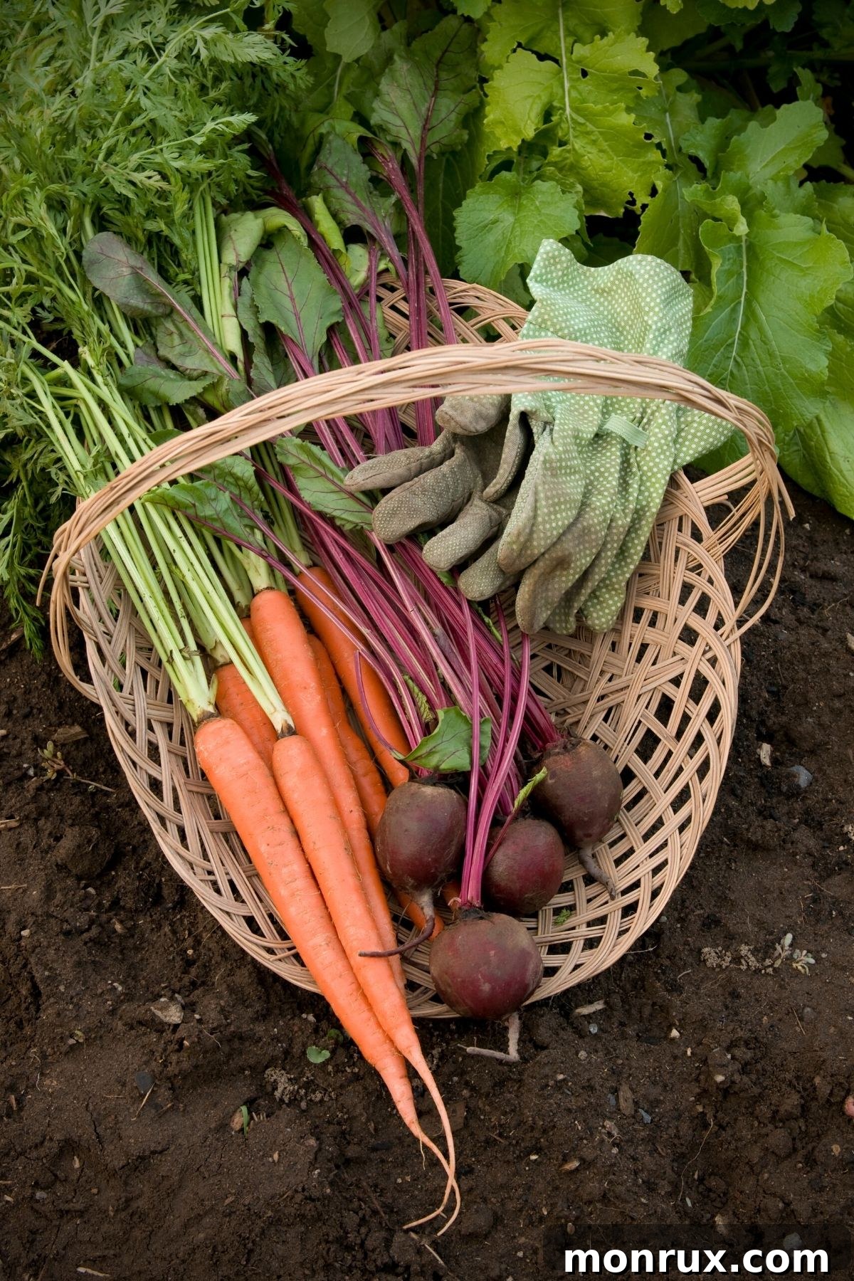 Freshly harvested organic carrots and beets with green tops, ready for juicing.