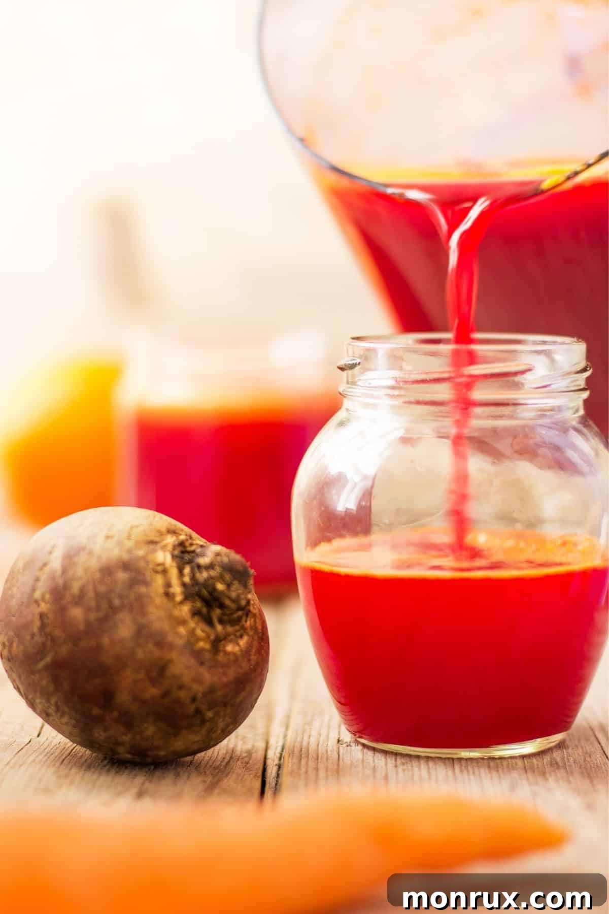 Close-up shot of someone pouring freshly made beet carrot juice into a tall glass, highlighting its rich color.