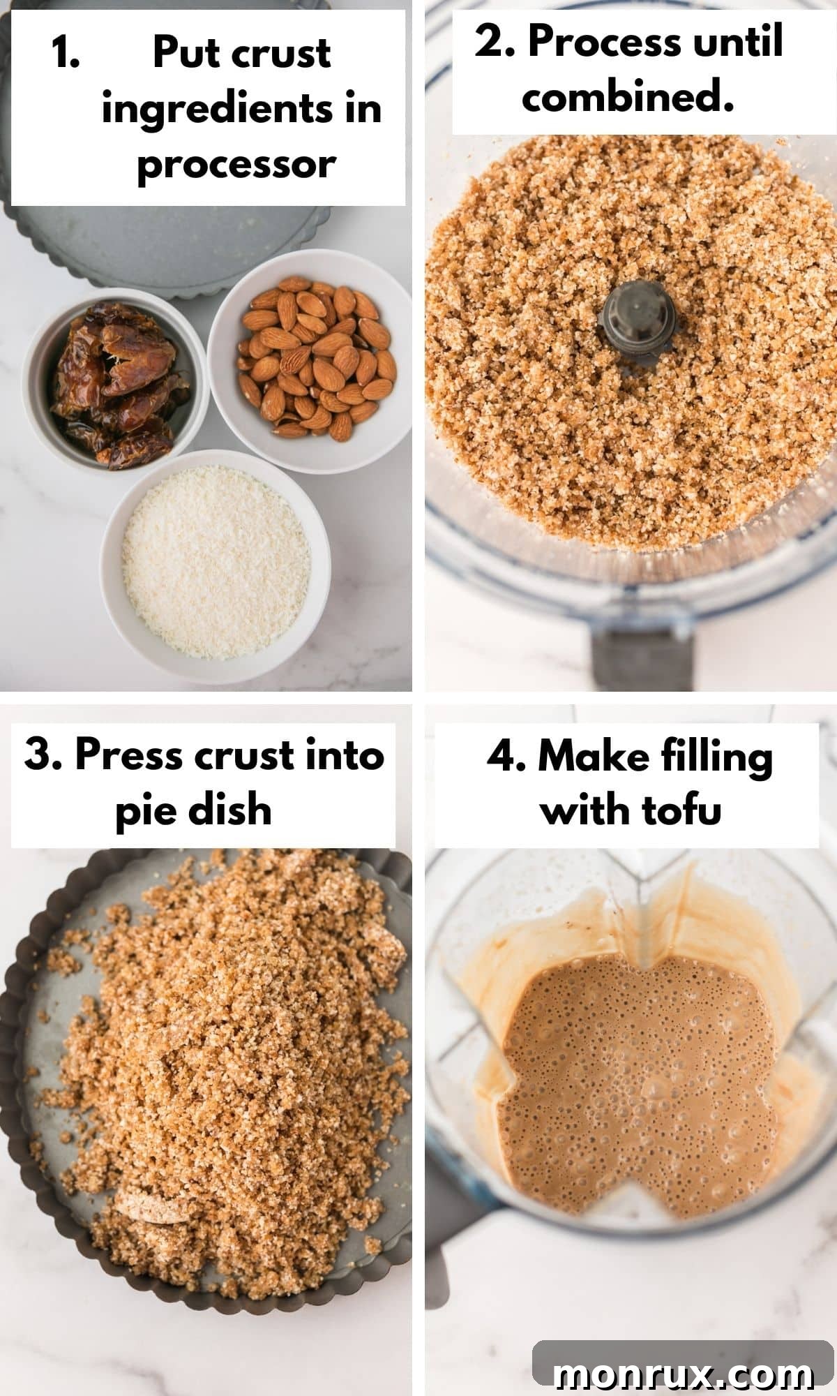 A series of process photos illustrating how to easily prepare the no-bake vegan peanut butter pie, from crust assembly to filling preparation.
