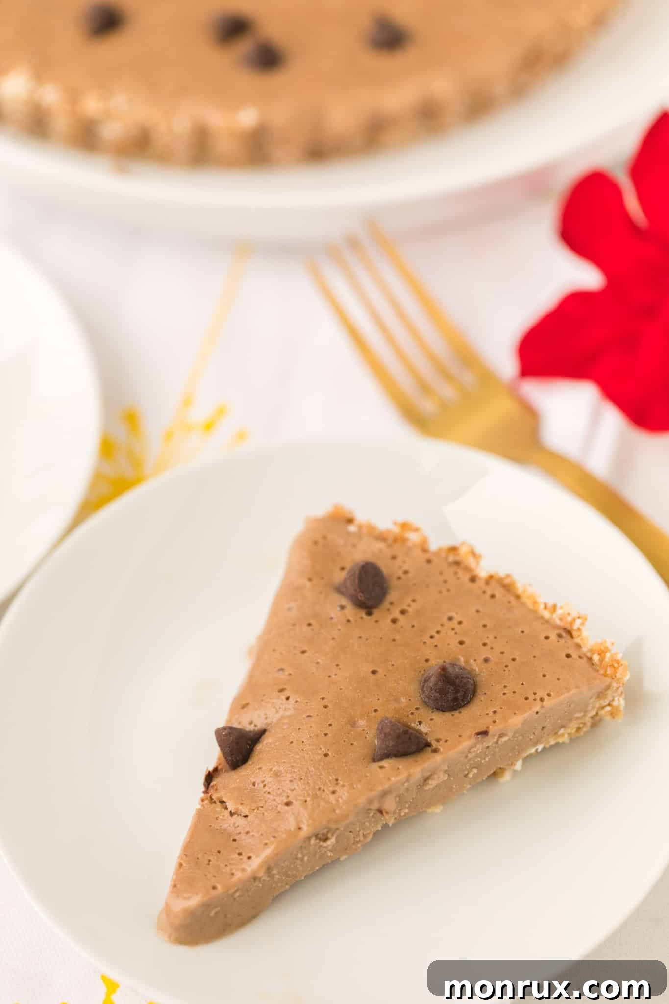 A delightful slice of vegan peanut butter pie, perfectly served on a white plate with a fork, ready to be savored.