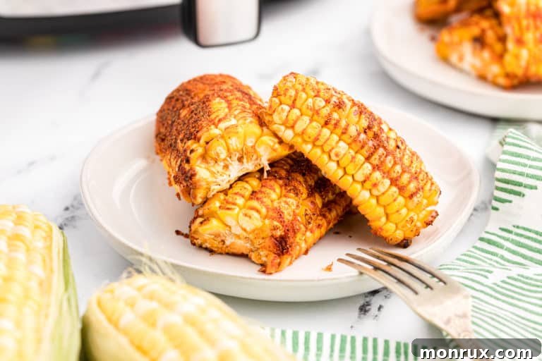 Seasoned air fryer corn ribs on a white plate, served as a summer side dish.