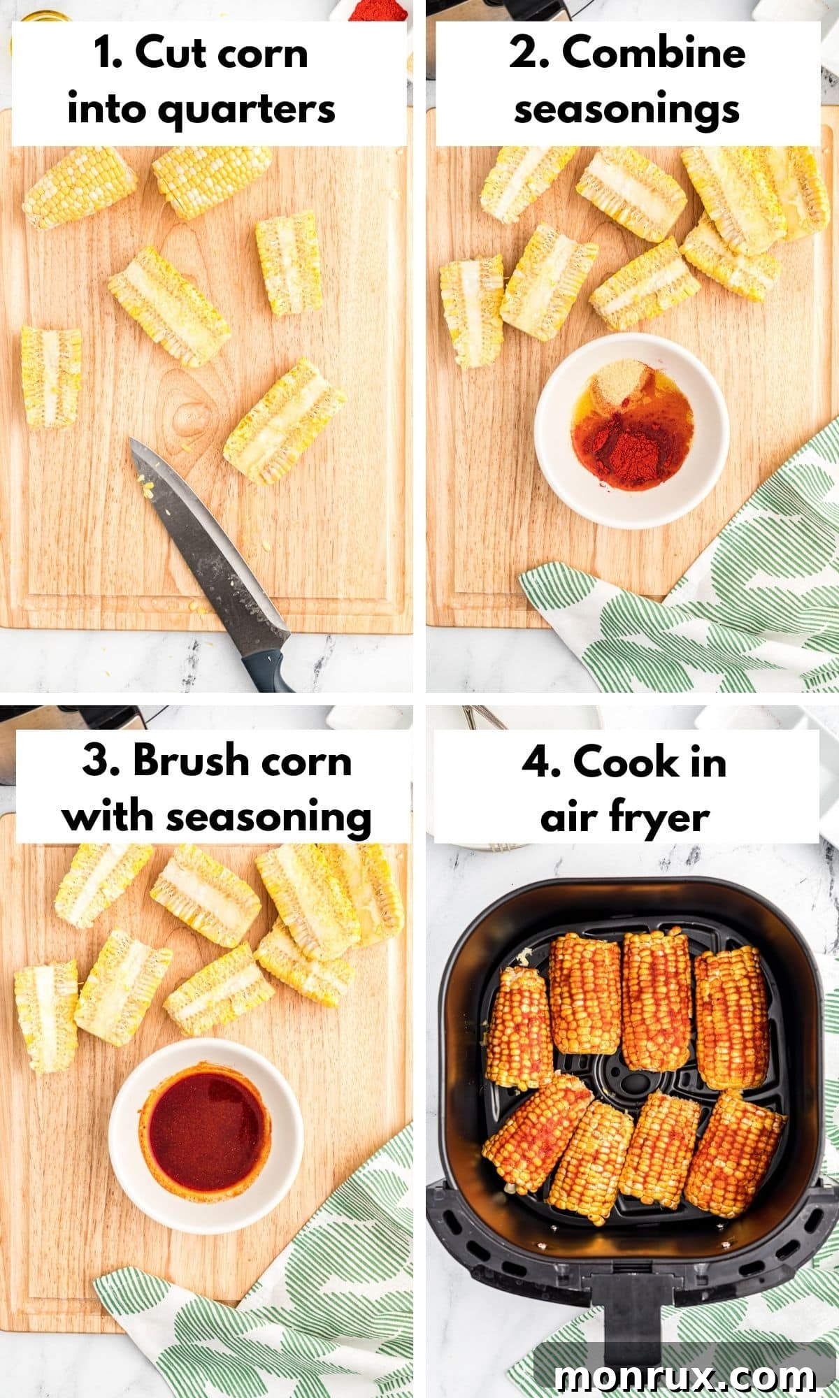Process collage showing steps to prepare and air fry corn ribs: cutting, seasoning, and frying.
