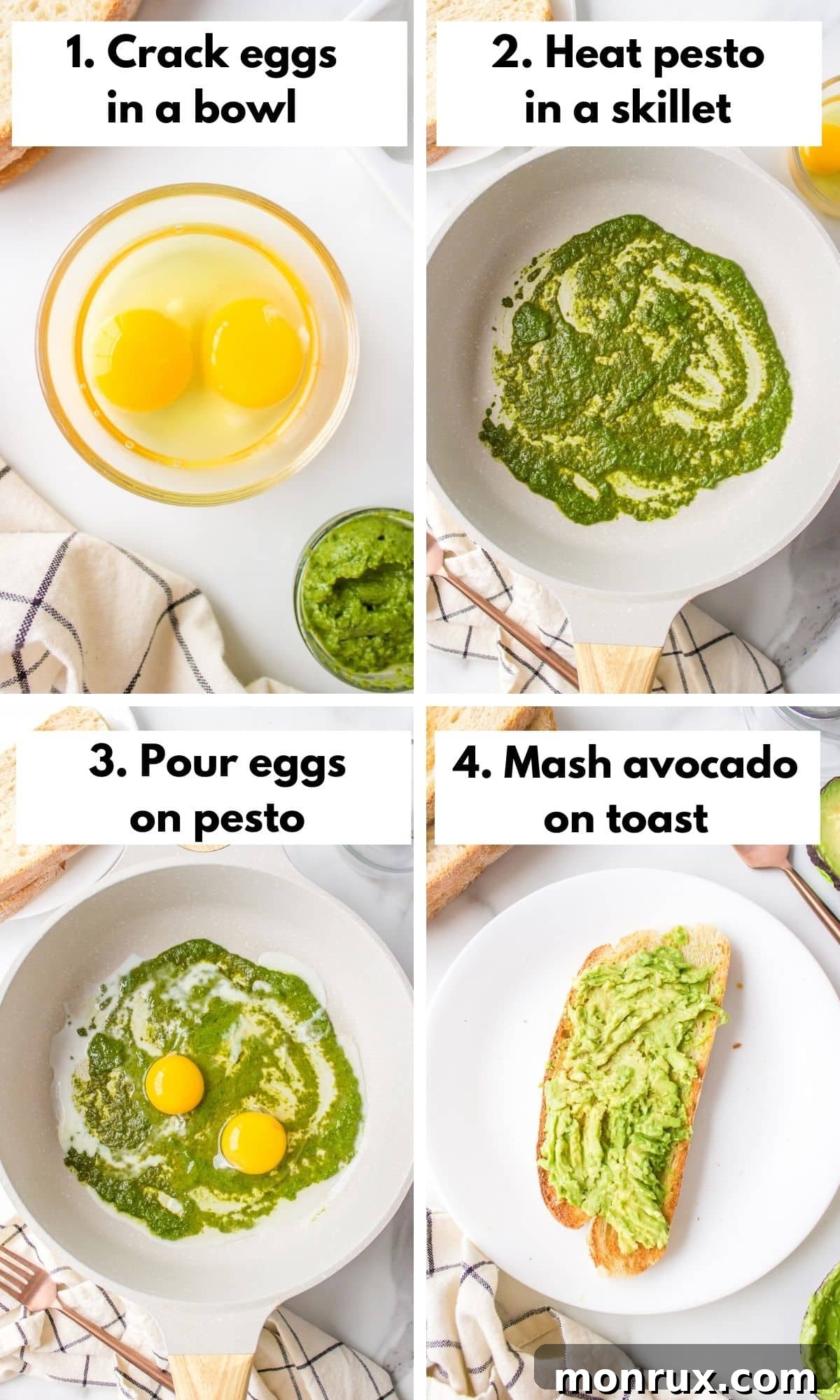 Process collage showing the stages of making TikTok pesto eggs: heating pesto, adding eggs, and the final dish.