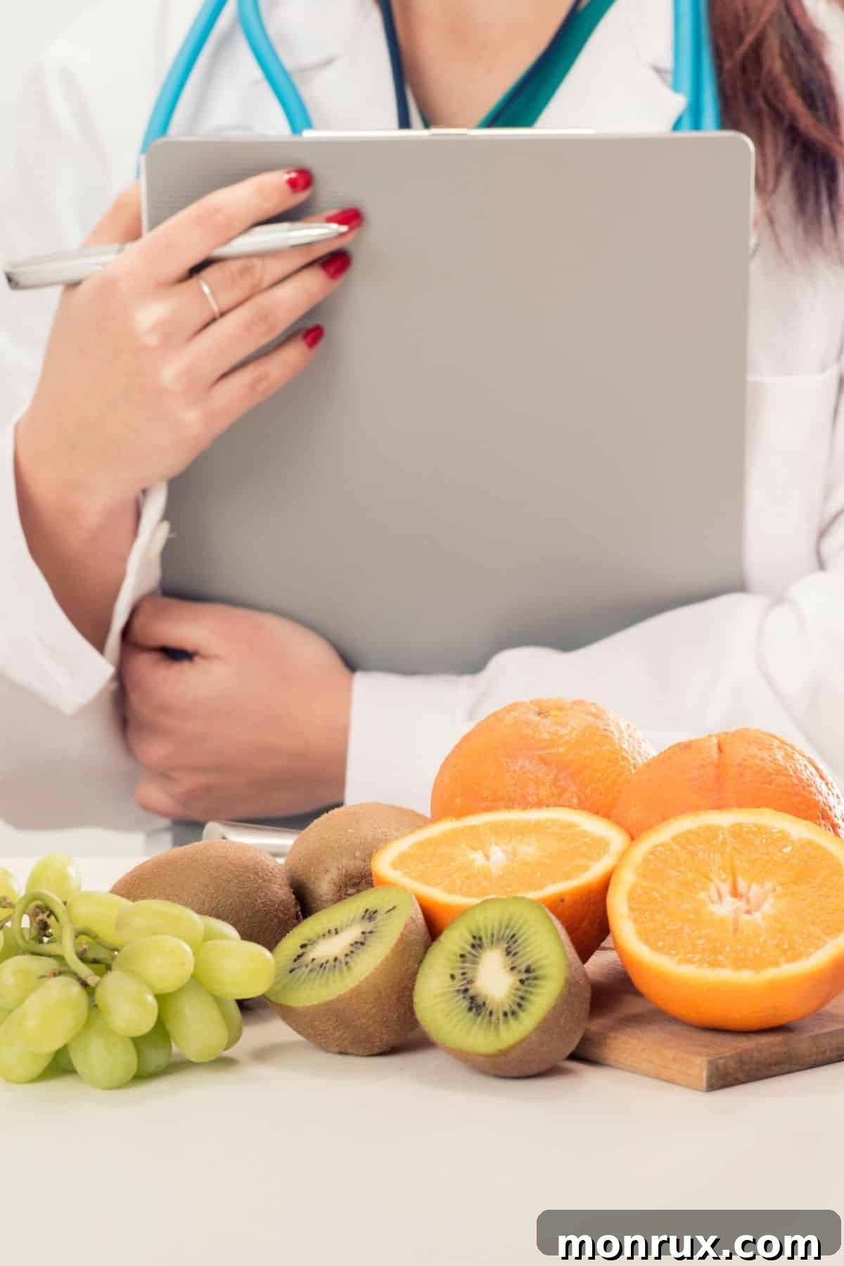 A compassionate doctor in a pristine white coat, holding a clipboard, stands confidently in front of a vibrant display of fresh fruits and vegetables, symbolizing a holistic and nutrition-focused approach to health and wellness.