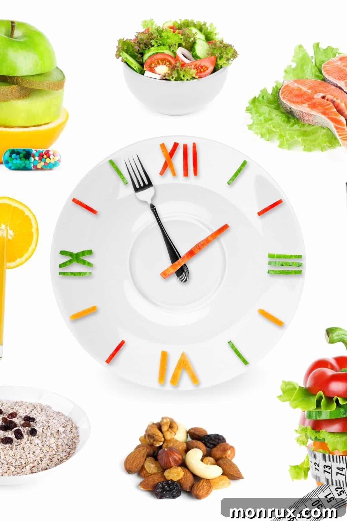 A clock with a fork as a hand surrounded by nuts, vegetables, and salmon, symbolizing metabolic timing and healthy food choices.