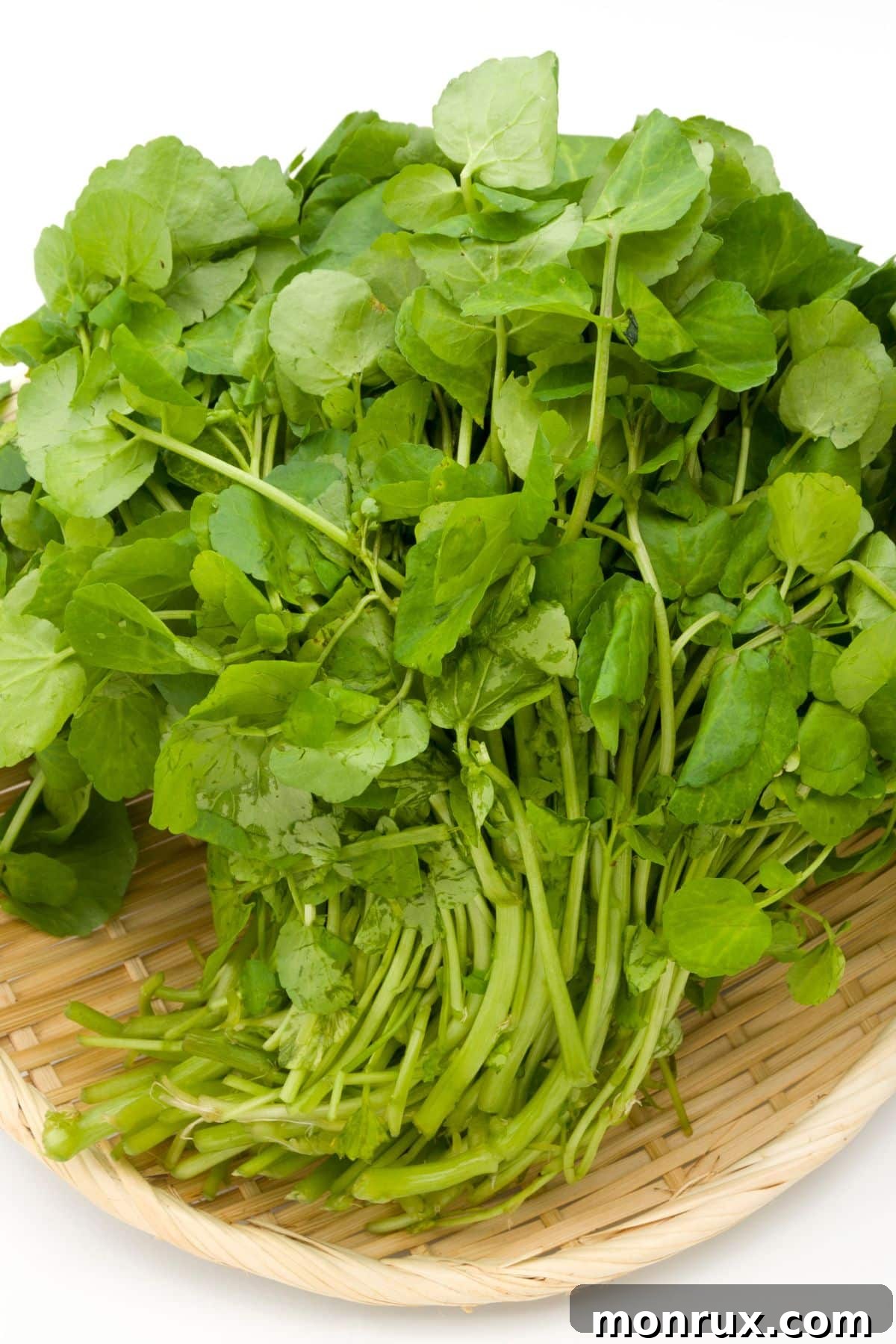 A fresh bunch of watercress resting on a wooden table, showcasing its delicate leaves and stems.