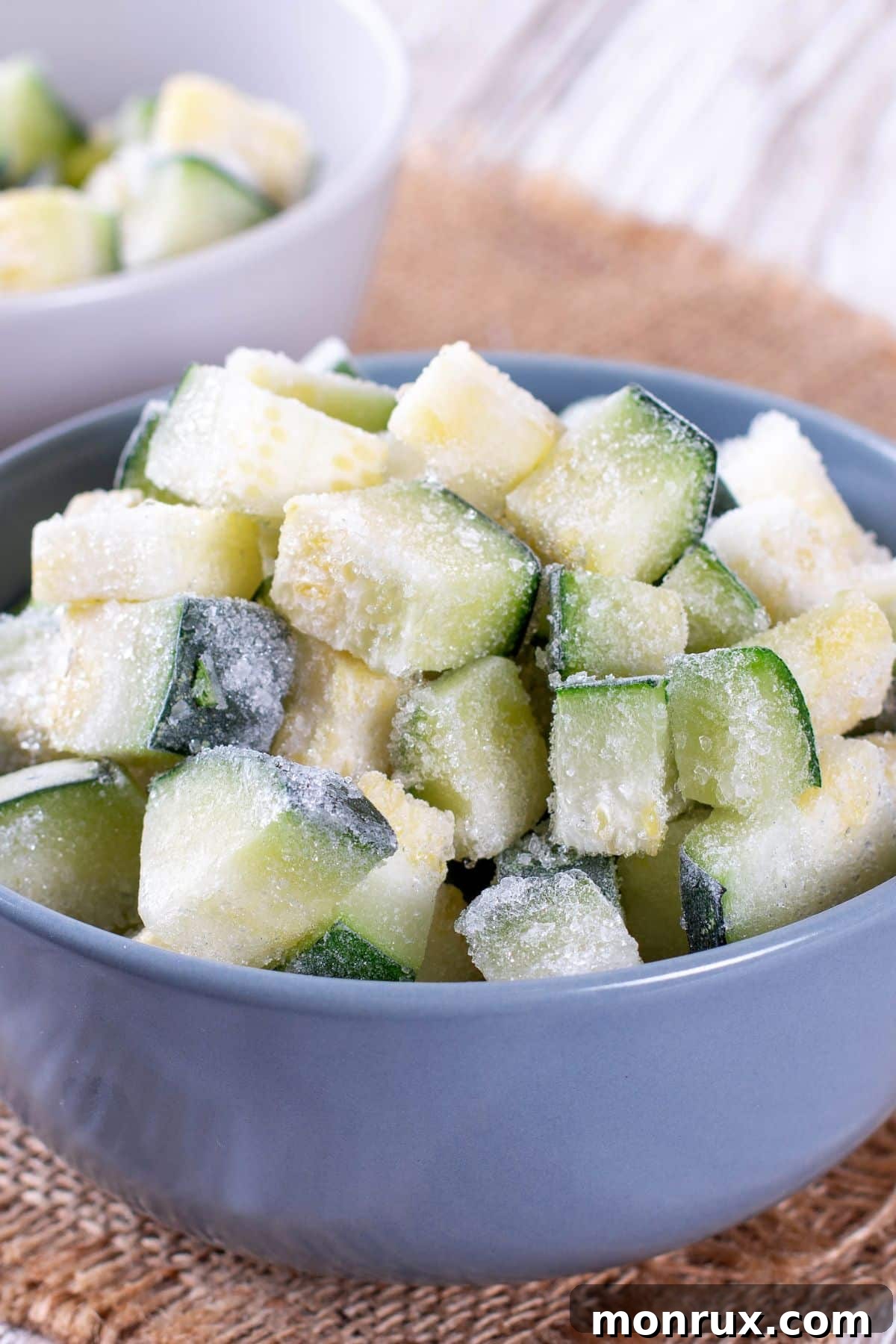 A bowl brimming with uniformly cut frozen zucchini chunks, ready for use in recipes.