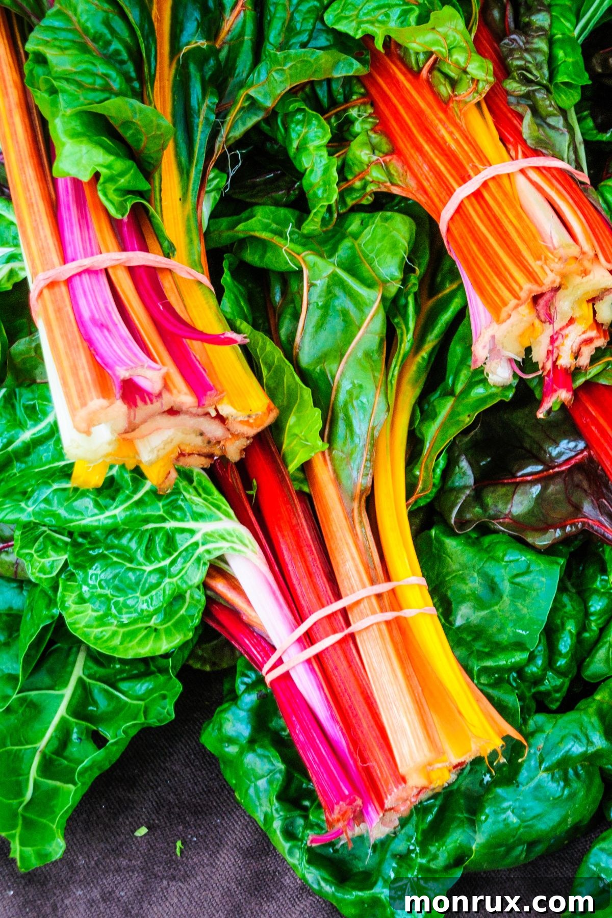 Several vibrant bunches of rainbow chard with colorful stalks, neatly bundled together.