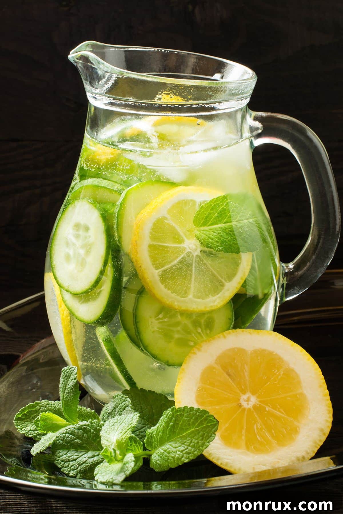 A tall, clear pitcher filled with refreshing cucumber lemon mint water, adorned with slices of fresh cucumber and lemon, and sprigs of vibrant mint leaves. The setting suggests a cool, healthy drink perfect for summer hydration.