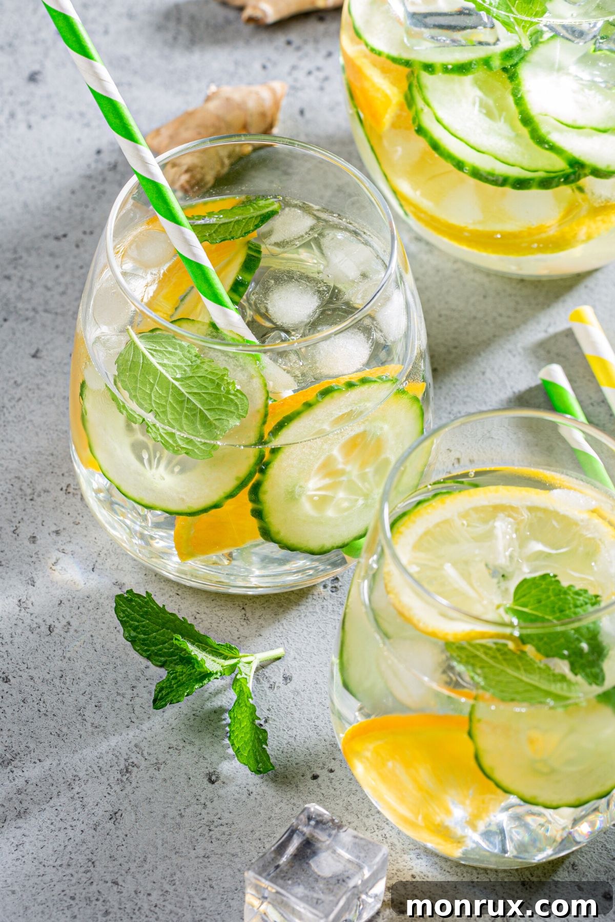 Two clear glasses filled with cucumber lemon mint water, garnished with fresh slices of cucumber and lemon, and green mint leaves, inviting a refreshing sip.