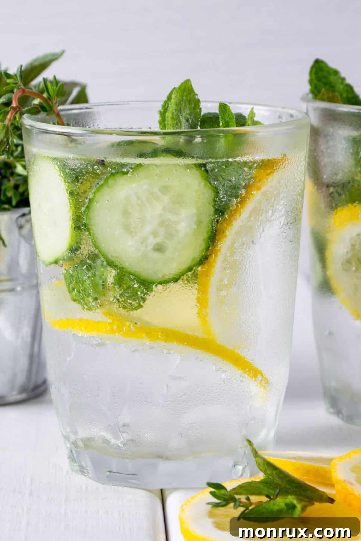 A close-up shot of a chilled glass of cucumber mint lemon water, with visible slices of cucumber, lemon, and mint leaves, ready to be enjoyed.