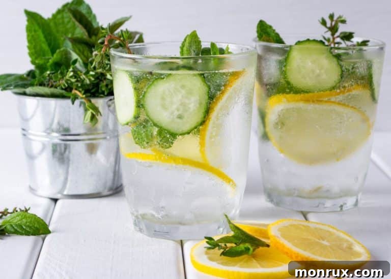 Beautifully presented cucumber lemon mint water with vibrant lemon slices and fresh mint leaves, hinting at its crisp and refreshing taste.