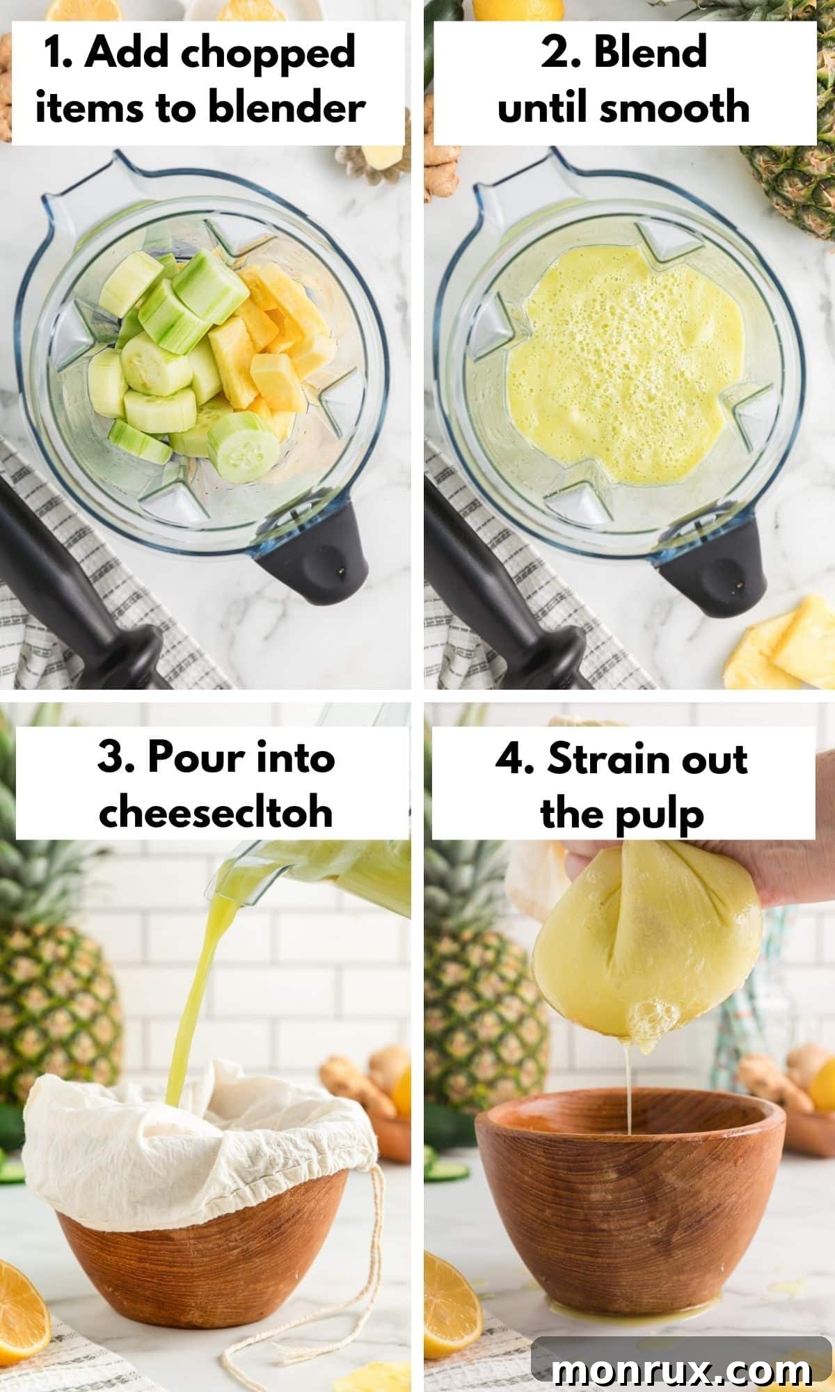 Process collage of blending and straining pineapple cucumber juice.