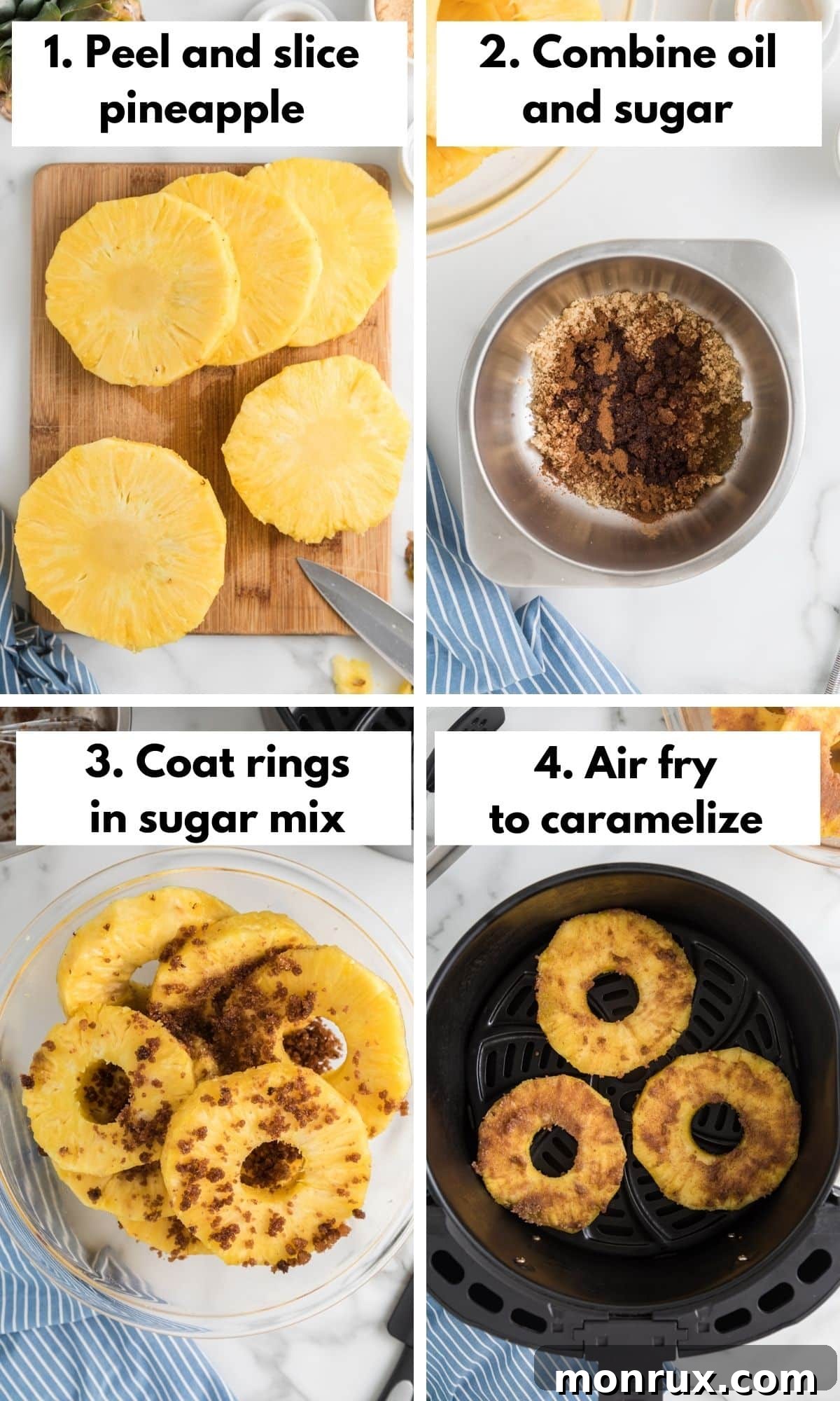 Process collage of cutting, coating, and air frying pineapple rings.