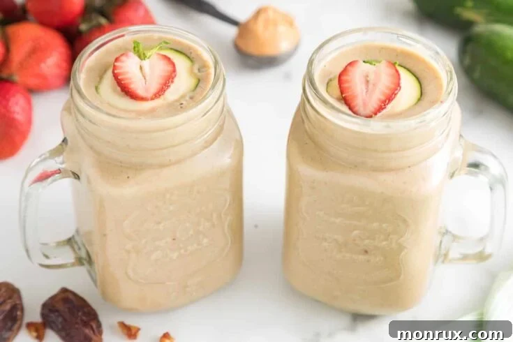 Zucchini strawberry smoothie in a tall glass.