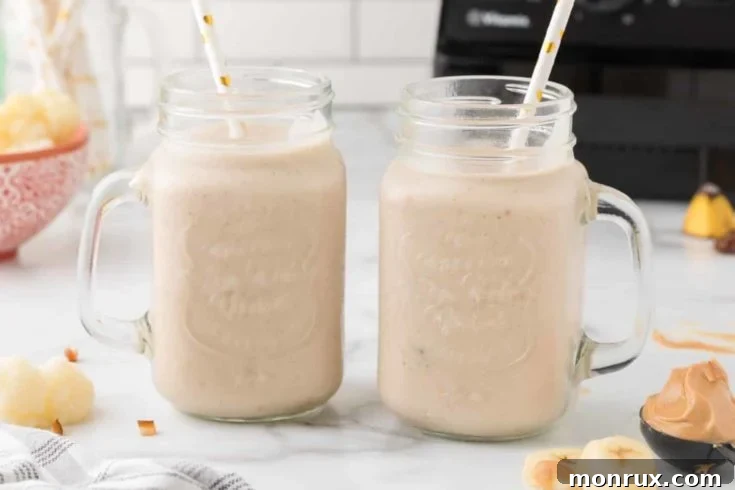 Peanut butter cauliflower smoothie in a glass mug.