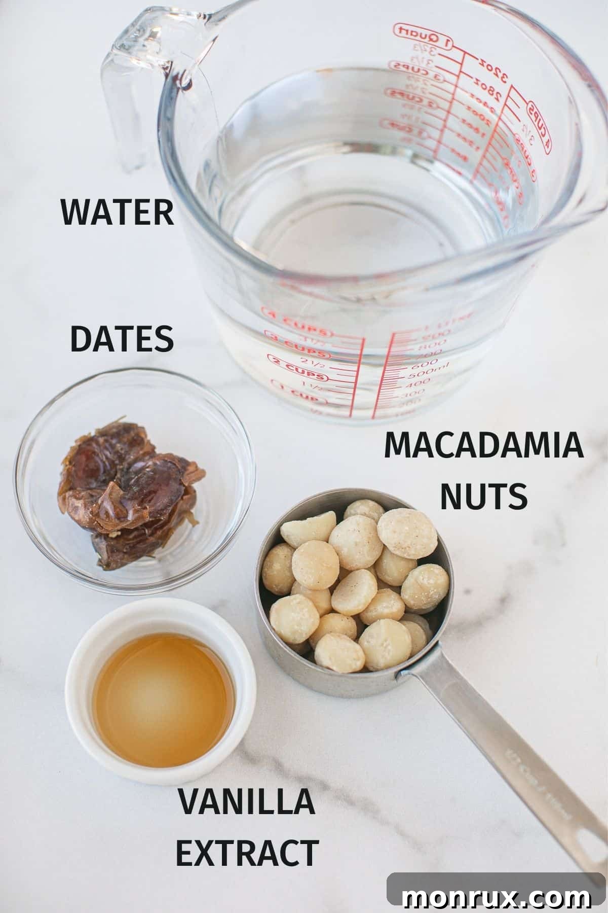 Essential ingredients for macadamia milk: raw macadamia nuts, filtered water, dates, and vanilla extract.