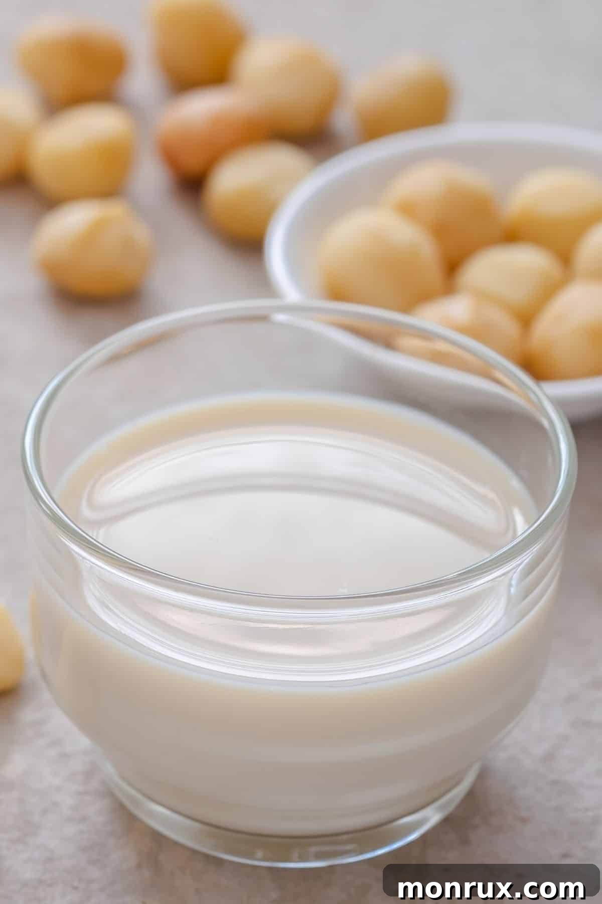 A glass of macadamia milk on a table, accompanied by fresh macadamia nuts.