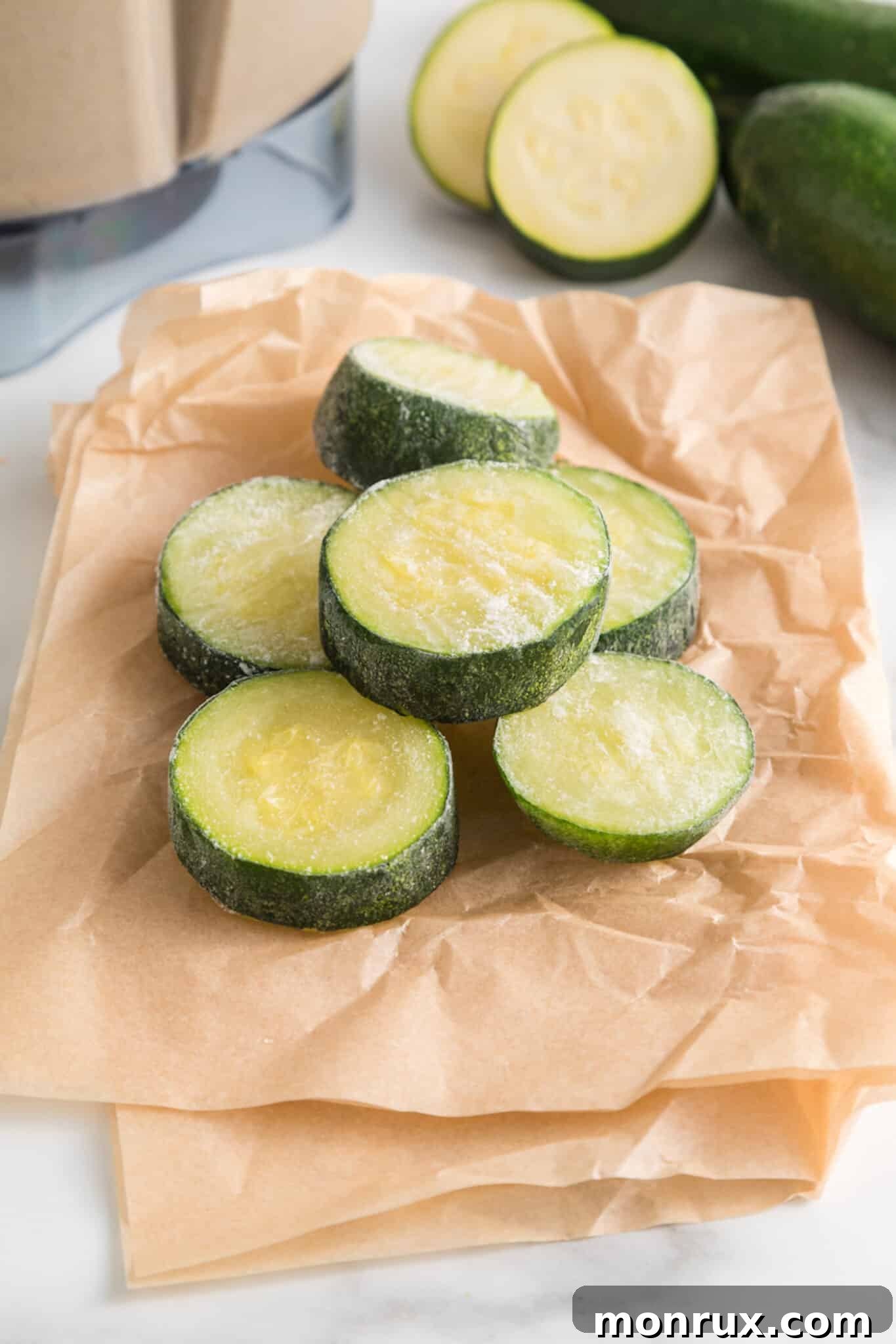Perfectly frozen zucchini rounds laid out on a sheet of parchment paper, ready for storage.