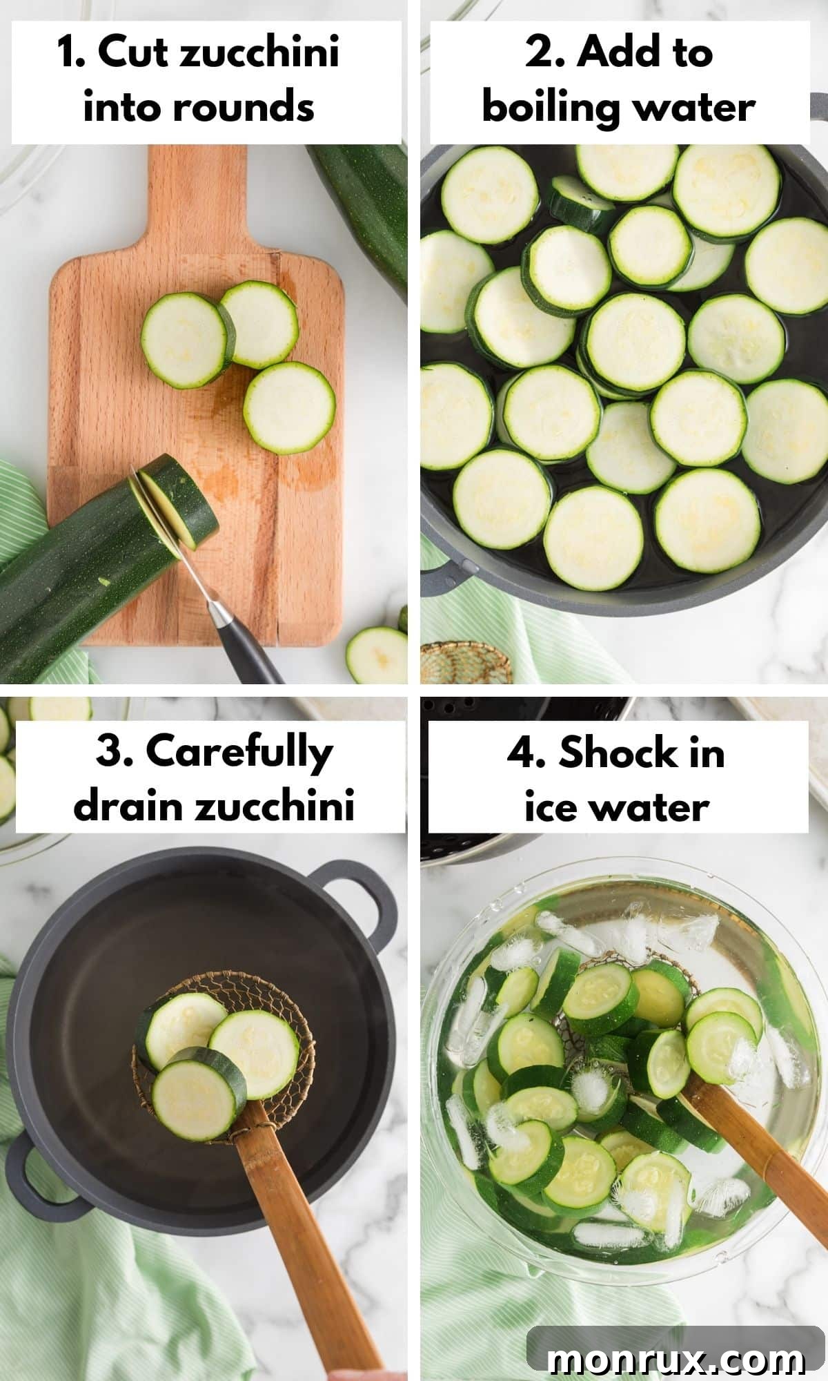 A visual guide showing the process of slicing and blanching zucchini for freezing.