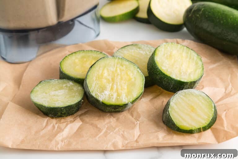 Frozen zucchini rounds on a piece of parchment paper, ready to be transferred to freezer bags.