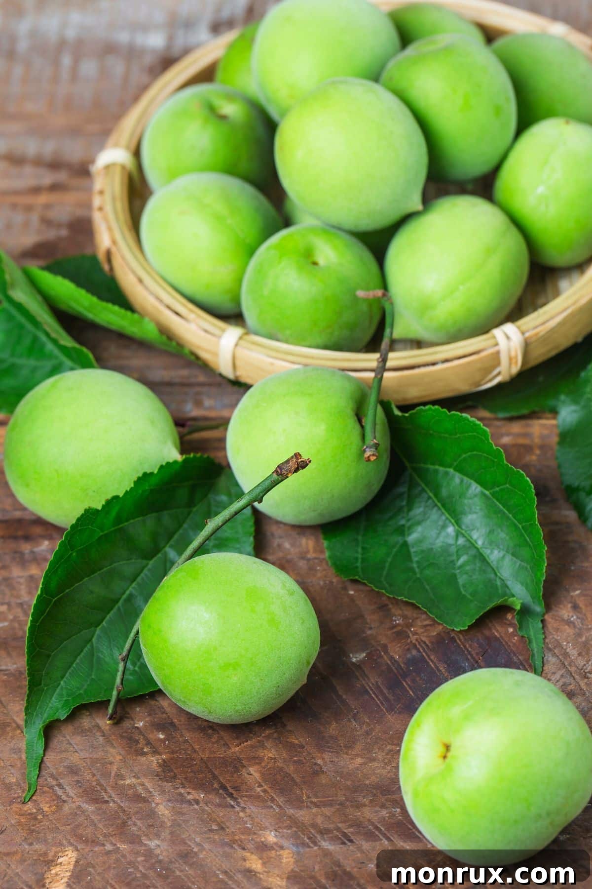A basket filled with small, firm green plums on a wooden table.