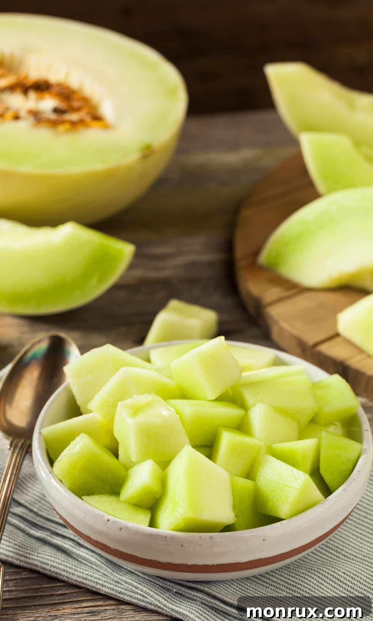 A bowl filled with freshly cut, pale green honeydew melon cubes.