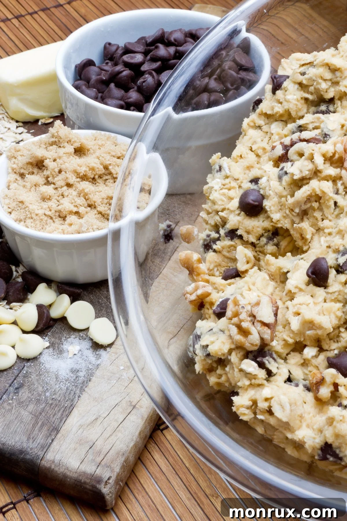 Bowl of chocolate chip cookie dough next to ingredients, showcasing the readiness for baking.