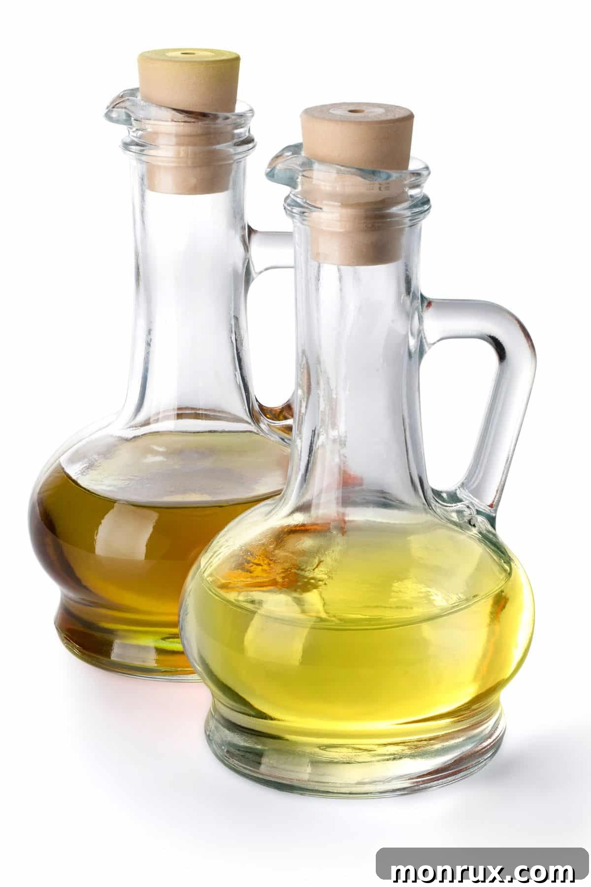 Bottles of olive oil and vegetable oil, common cooking oils.