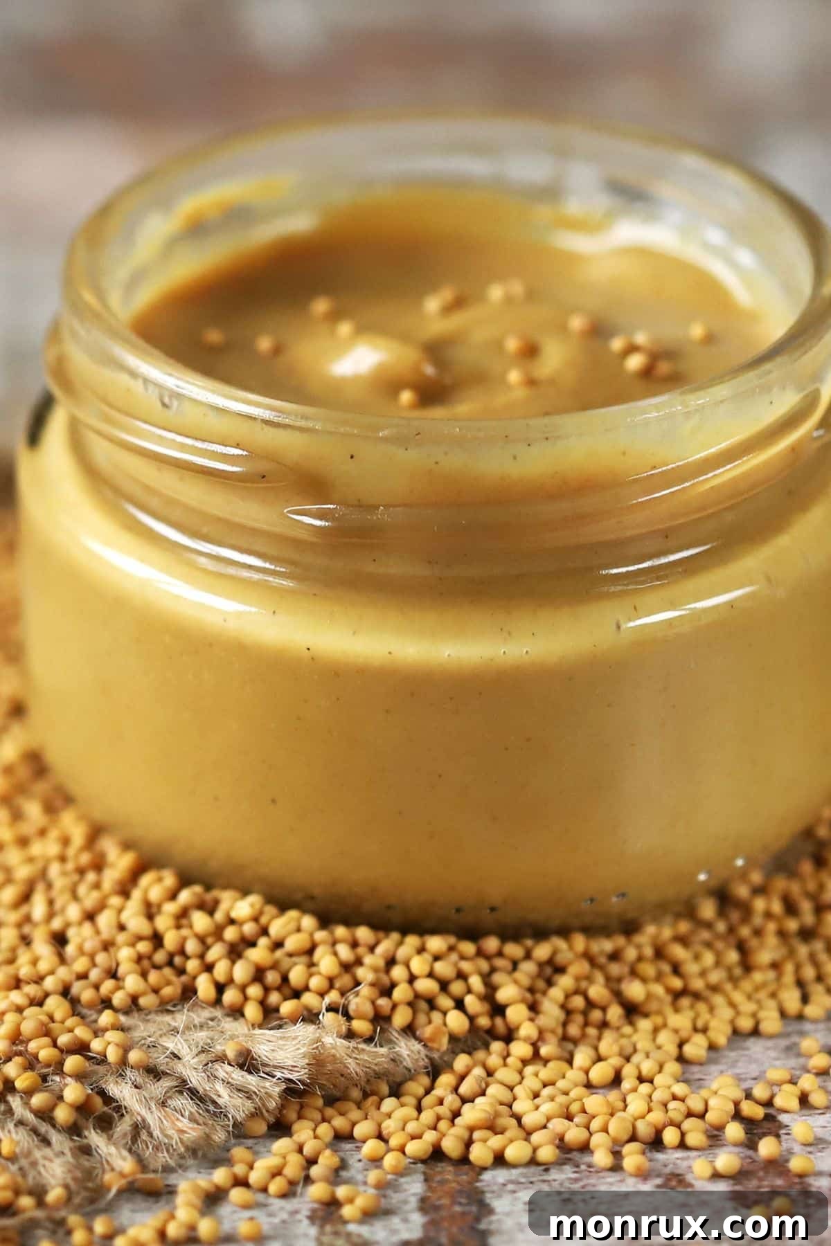 Jar of dijon mustard with scattered mustard seeds on a rustic wooden background.