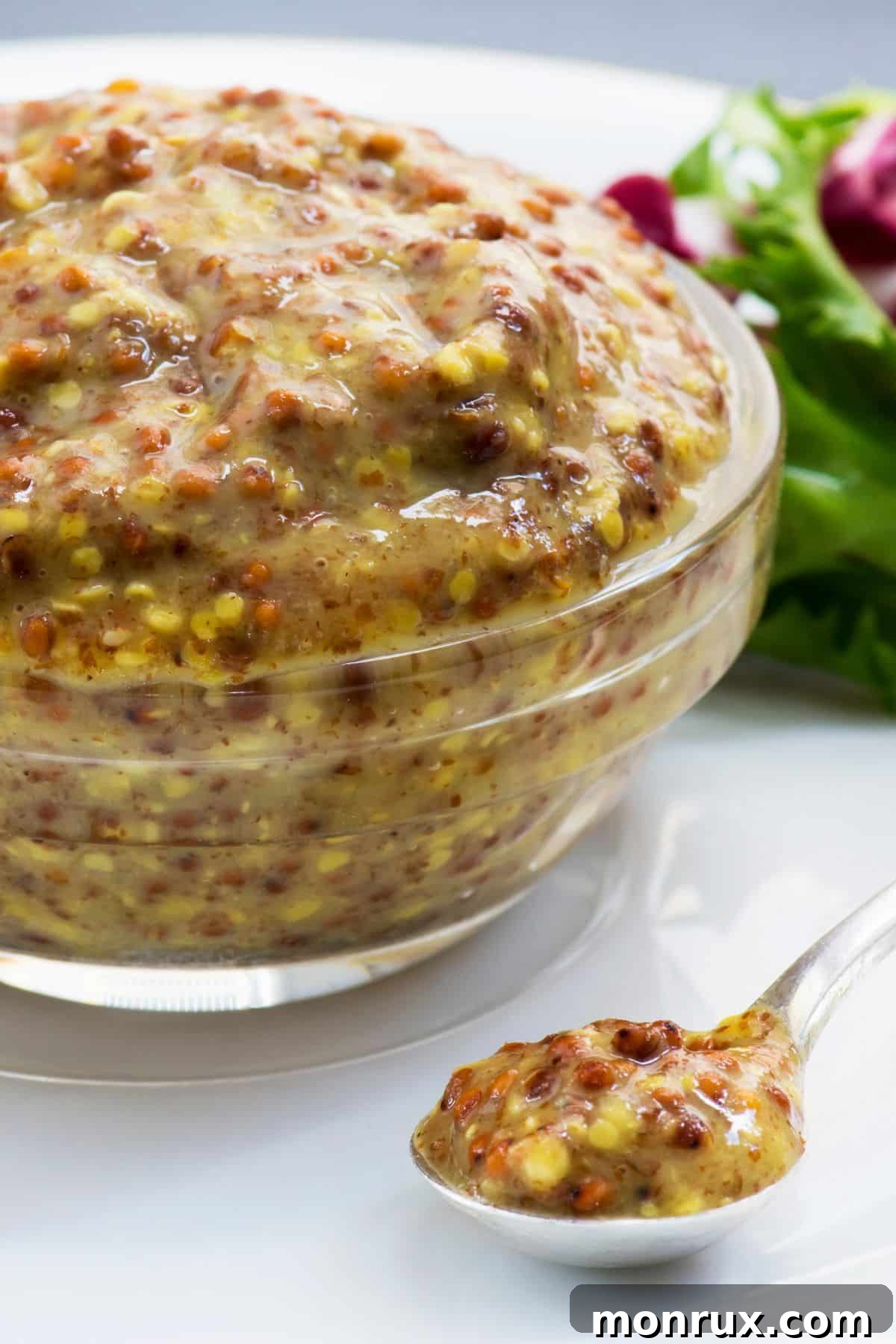 Bowl of Stone-ground mustard with small spoonful, showing its coarse texture.