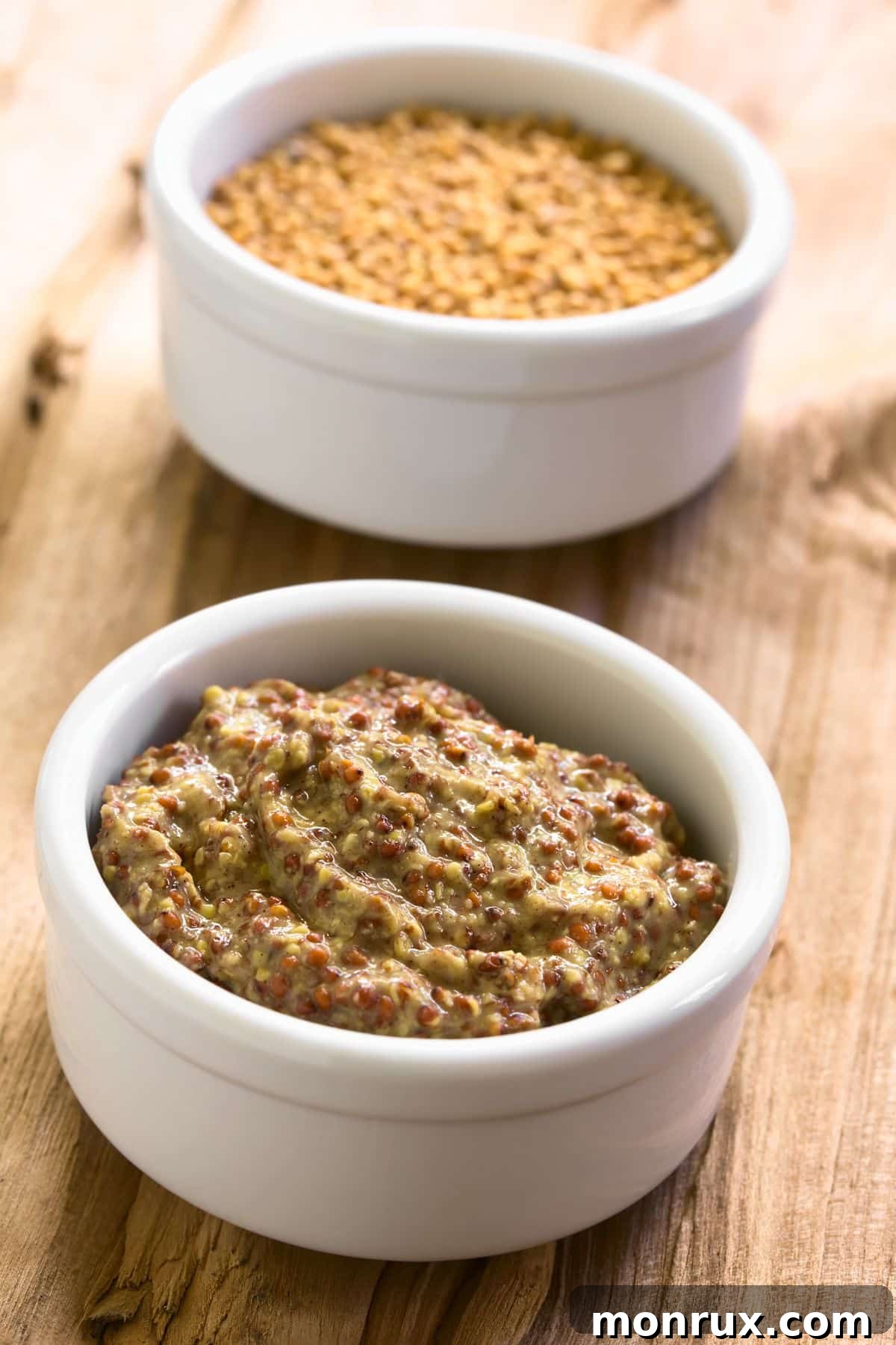 Bowl of spicy brown mustard with scattered brown mustard seeds.