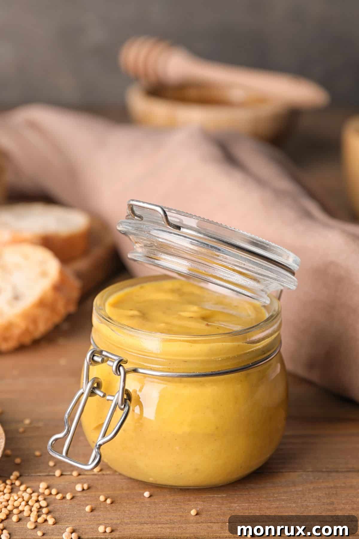 Jar of creamy honey mustard with a few mustard seeds visible.