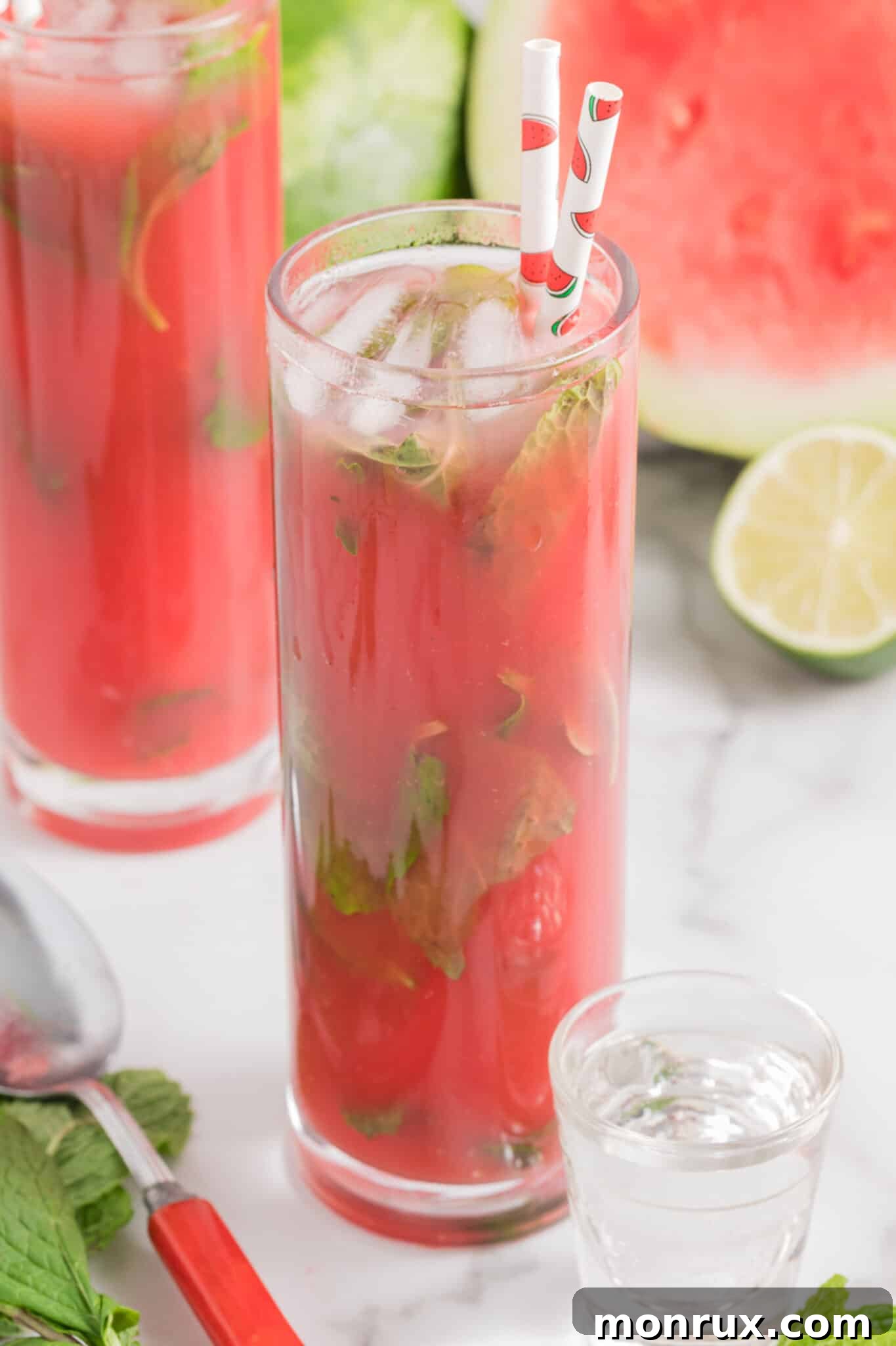 A tall glass filled with a vibrant pink Watermelon Vodka Cocktail, garnished with a watermelon wedge and a sprig of fresh mint, with a straw, ready for a refreshing summer sip.